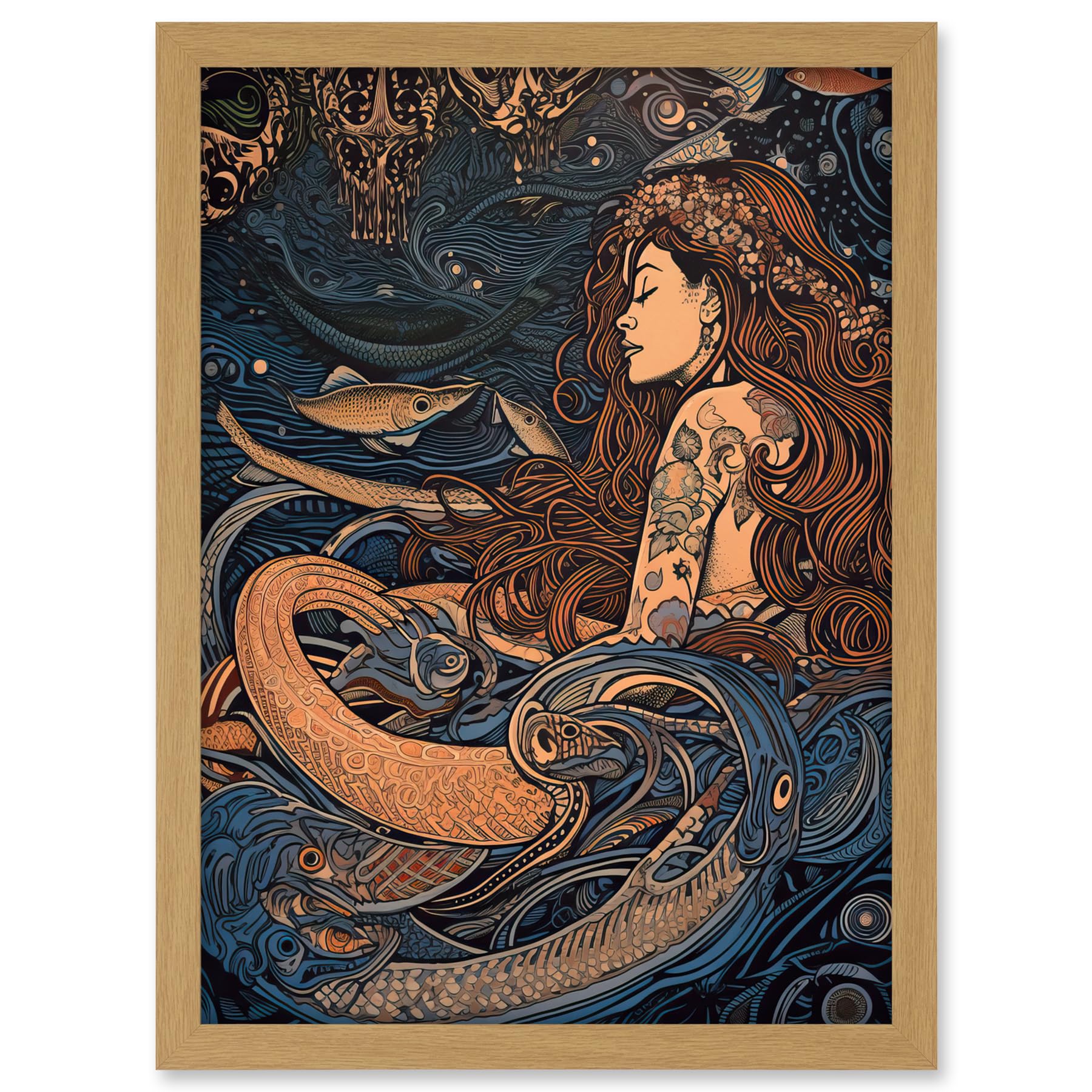 Artery8 Little Mermaid and Aquatic Animals Illustration Artwork Framed A3 Wall Art Print