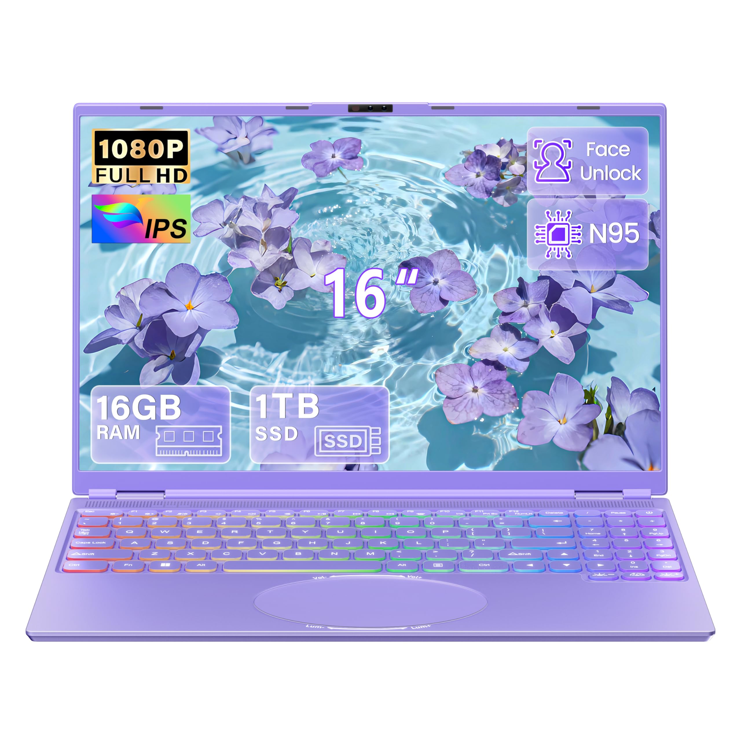 16 Zoll FHD Laptop Lila, 1TB SSD, 16GB DDR4 RAM, Quad-Core N95 CPU