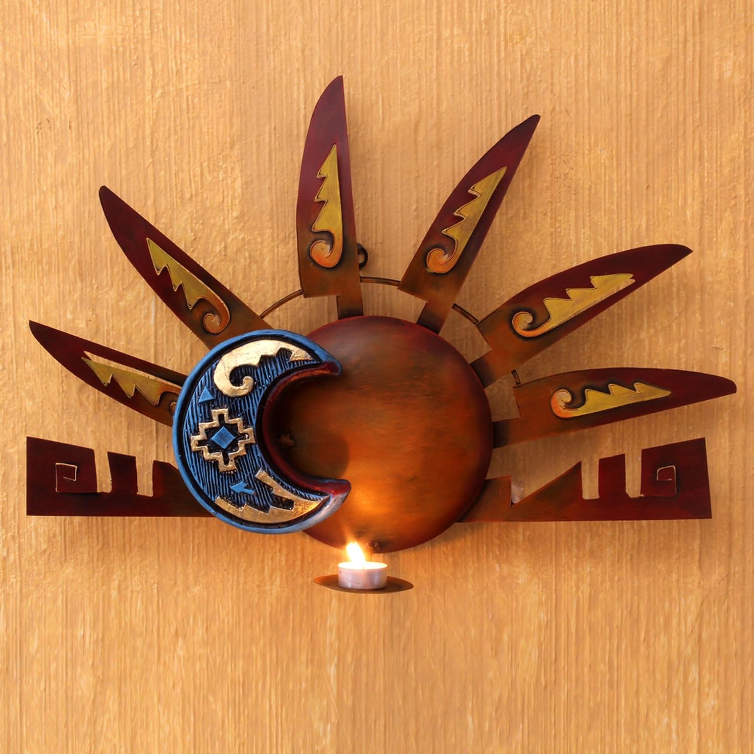 NOVICA Sun and Moon Metal Candle Sconce, Brown, 'Eclipse Over Jalisco'