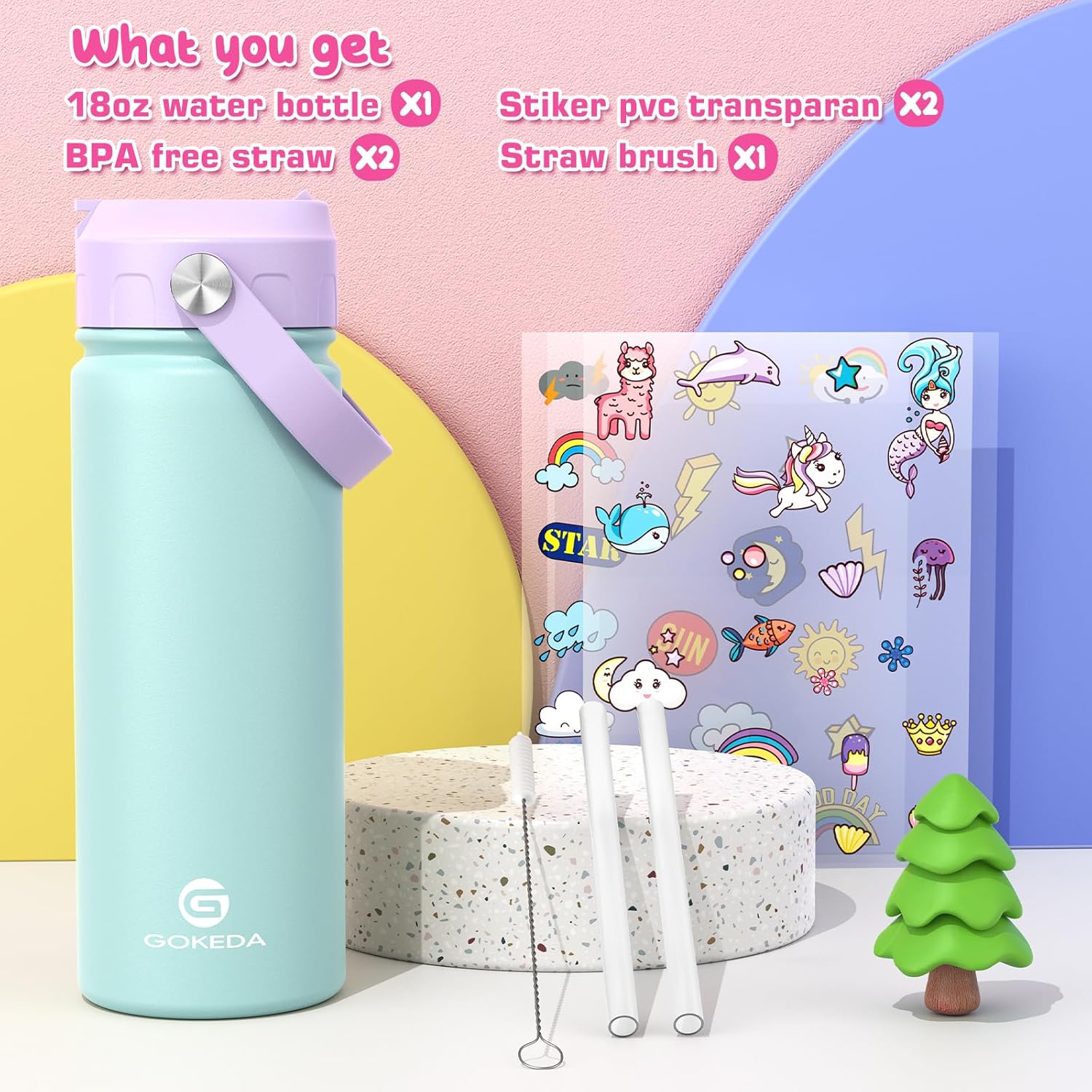 GoKEDA 18oz Kids Water Bottle, Insulated Bottles with Stickers, 18/8 Stainless Steel Vacuum Leak Proof Straw Cup for School, Gifts for Boys Girls(PurpleGreen) Purple Green 18 Ounces
