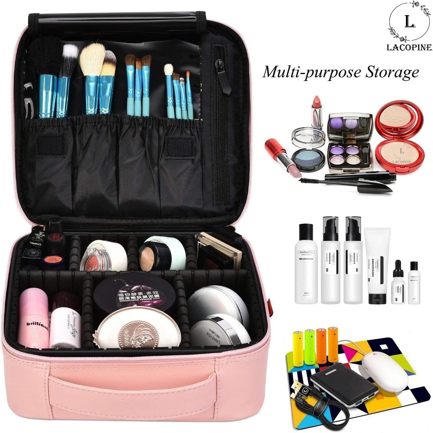 Large Makeup Organizer Bag Travel Train Case Portable Cosmetic Artist Storage Bag with Adjustable Dividers for Cosmetics Makeup Brushes, Baby Pink, 12 Inch (1 Layer), Travel Accessories