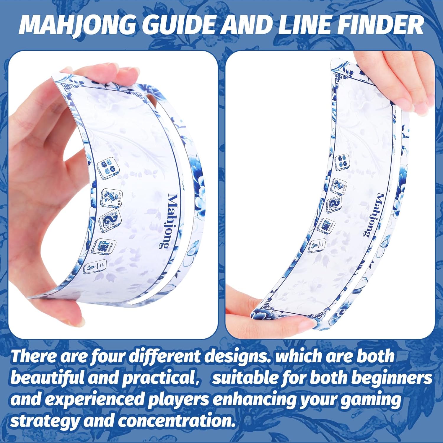 FYSUIMU 4Pcs Chinoiserie Floral Mahjong Card Guide Line Finder Classic Blue Flower Mahjong Rule Helper Strategy Tool for Beginners Players Game Competition Party Accessories Supplies