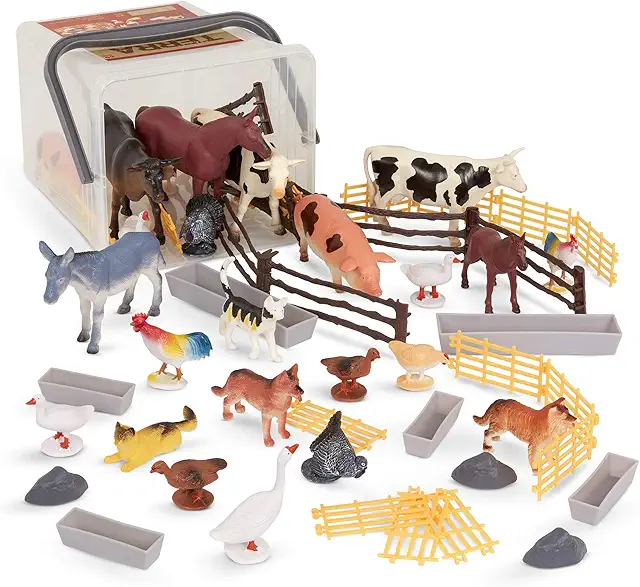 Farm Animal Figurines Set - 60 Piece Toy Bucket with Realistic Animals & Accessories