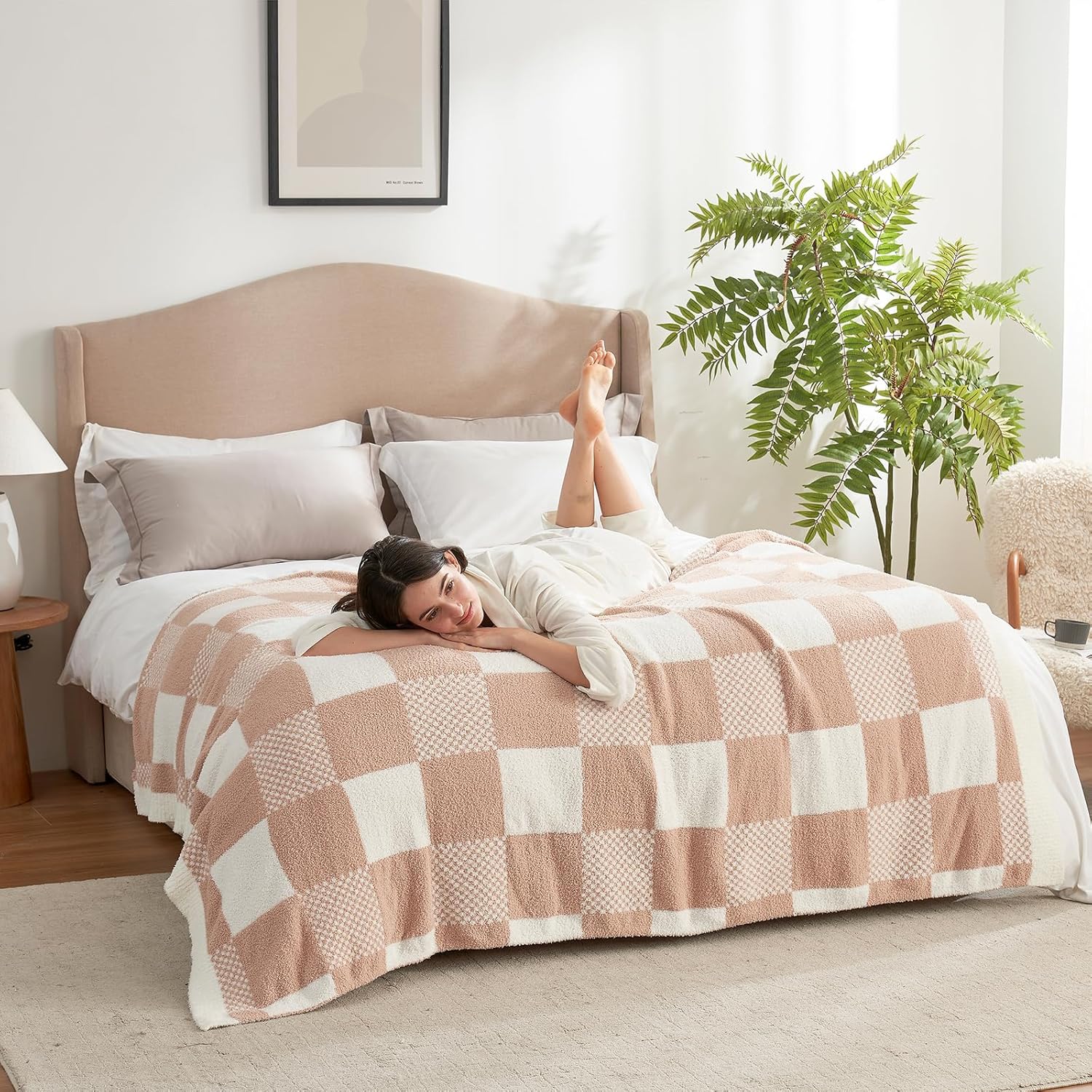 Snuggle Sac Checkered Blanket, Beige Throw Blanket for Couch Plaid Microfiber Fluffy Warm Cozy Fuzzy Soft Throw Blanket Reversible Checkerered Blankets for Sofa, Bed, 60x80 inches - Image 7