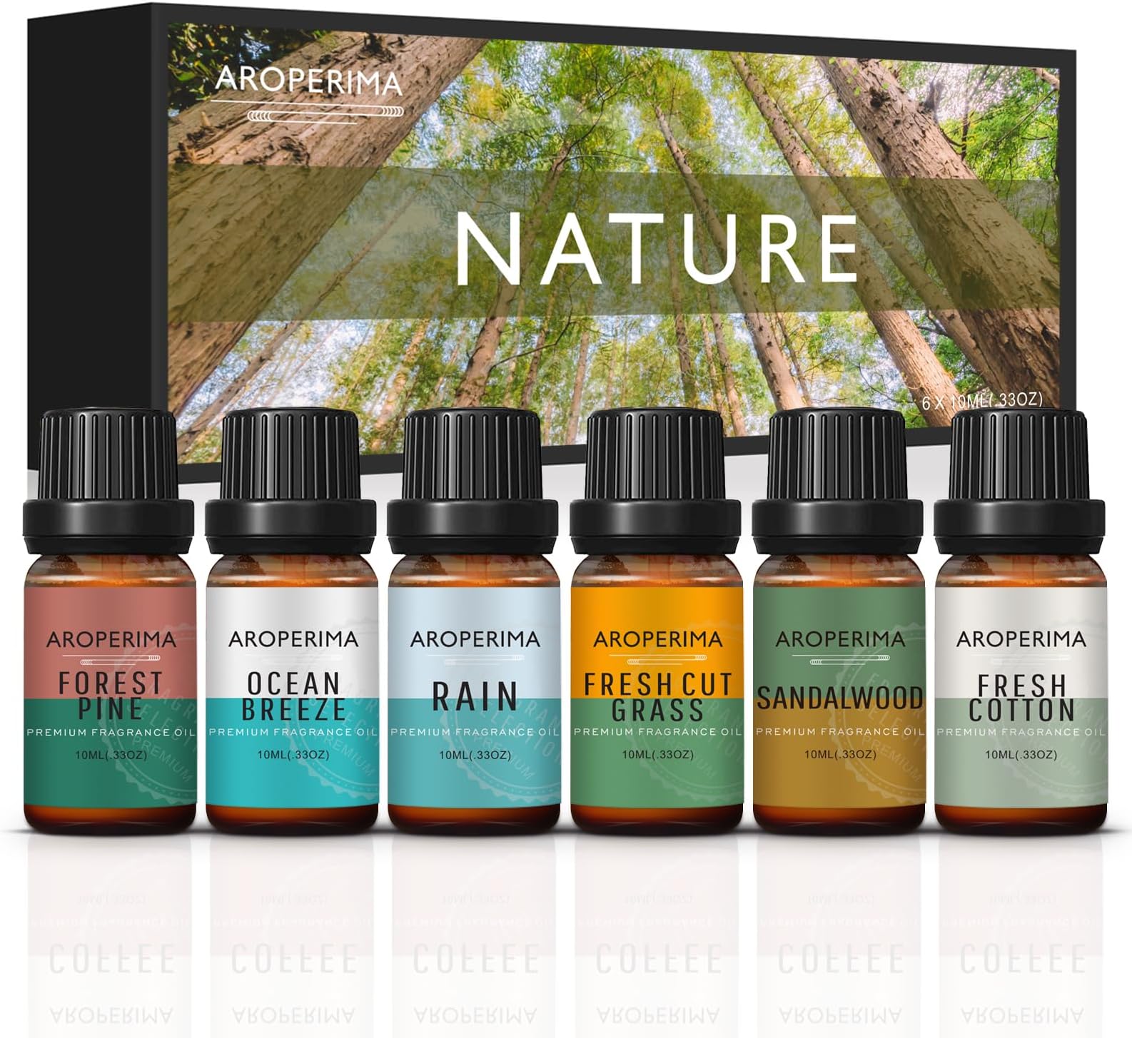 Nature Fragrance Essential Oil Set - Ocean Breeze, Forest Pine, Rain, Fresh Cut Grass, Sandalwood, Fresh Cotton 6x10ML for Diffusers, Aromatherapy, Massage, Perfume, Soap Making and Candle