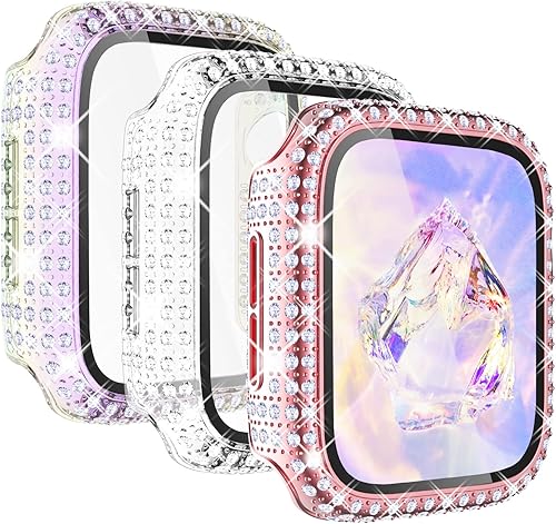 KADES Paquete de 3 carcasas brillantes compatibles con Apple Watch de 1.575 pulgadas, diseño de diamante completo con protector de pantalla