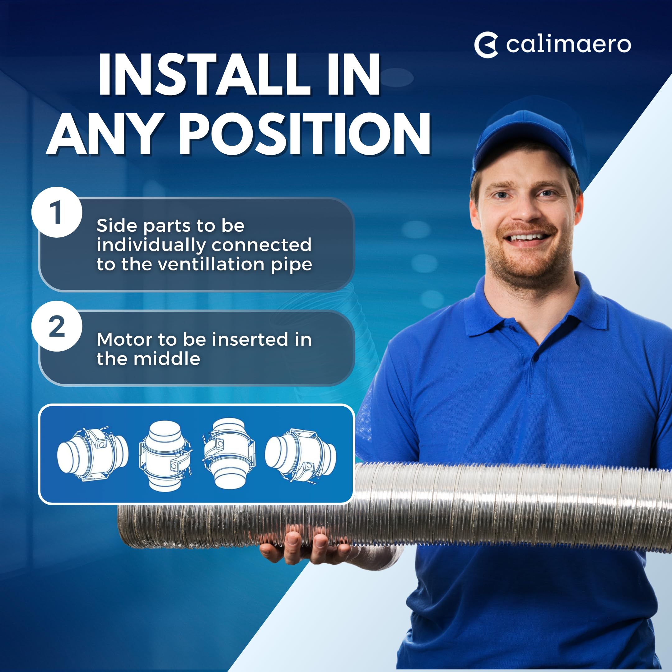 CALIFLOW Ventola Aspirazione 100mm Potente ventilatore in linea combinabile con filtro HEPA filtro a carboni attivi 3 stadi max. 198m³/h, 33Watt / 56dB / Jet-proof/Plastica
