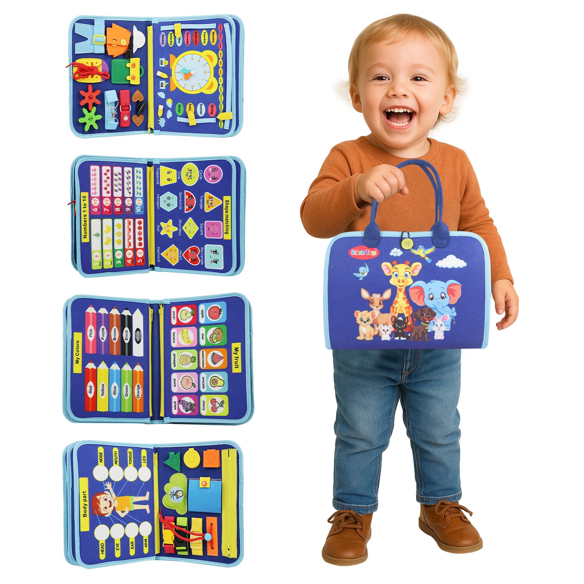 URBAN TOYS Montessori Busy Board - Ideal Busy Book Toddler Toys Gifts for Boys Girls Toddler Travel Essential