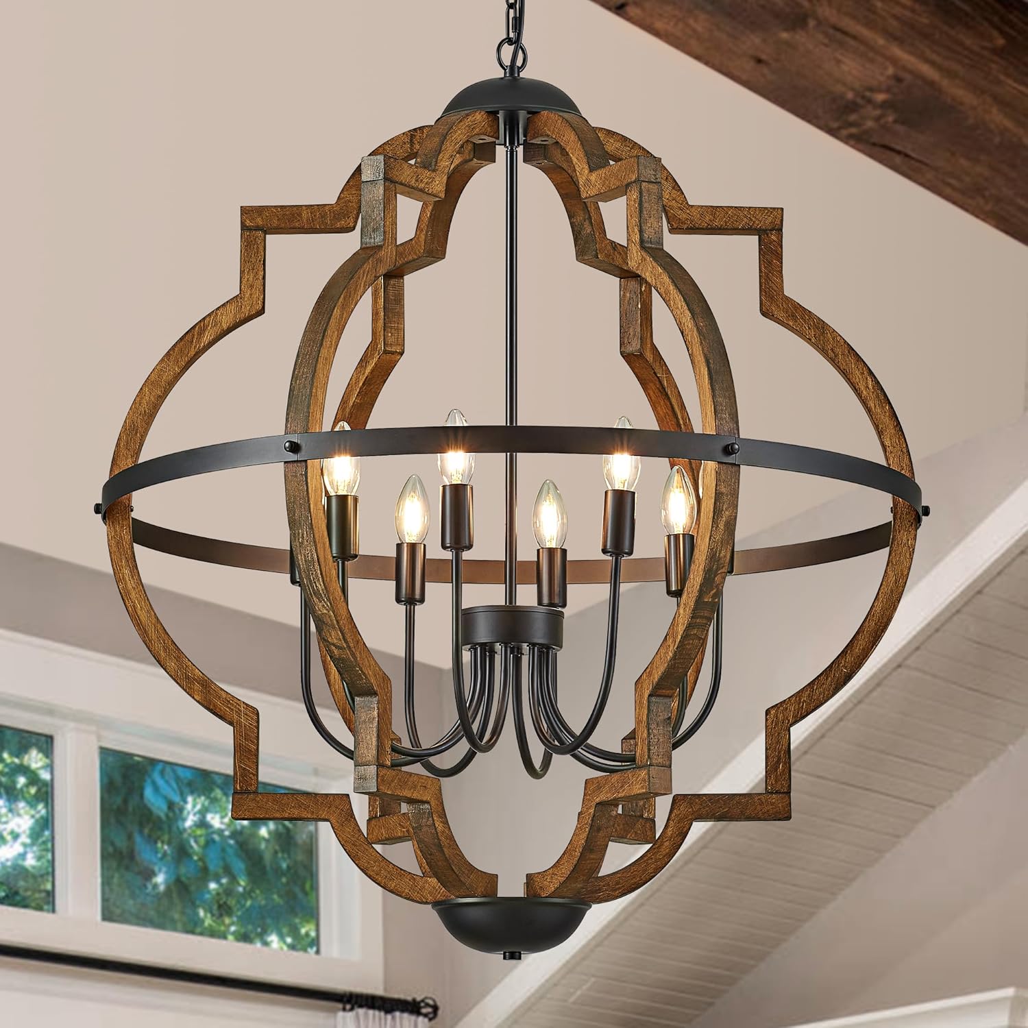 8-Light Farmhouse Wood Pendant Light,31.96'' Vintage Rustic Brown Oak Wood Chandeliers,Retro Industrial Hanging Light Fixtures for Dining Room Entryway, Bedroom Black Wood 8-Light