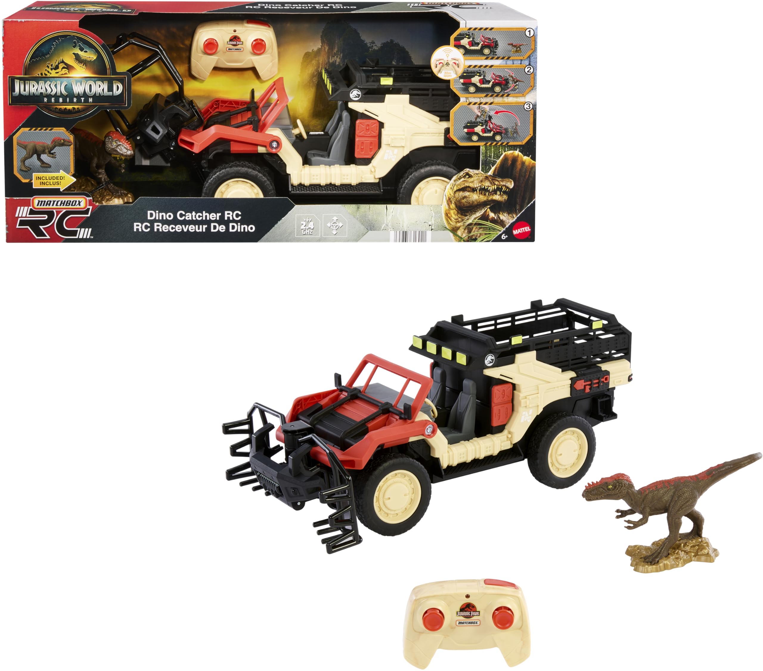 MatchboxRC Jurassic World Toy Truck, Remote-Control Battery-Operated Vehicle with Dinosaur Figure, Dino Catcher RC & Capture Cage for Transport