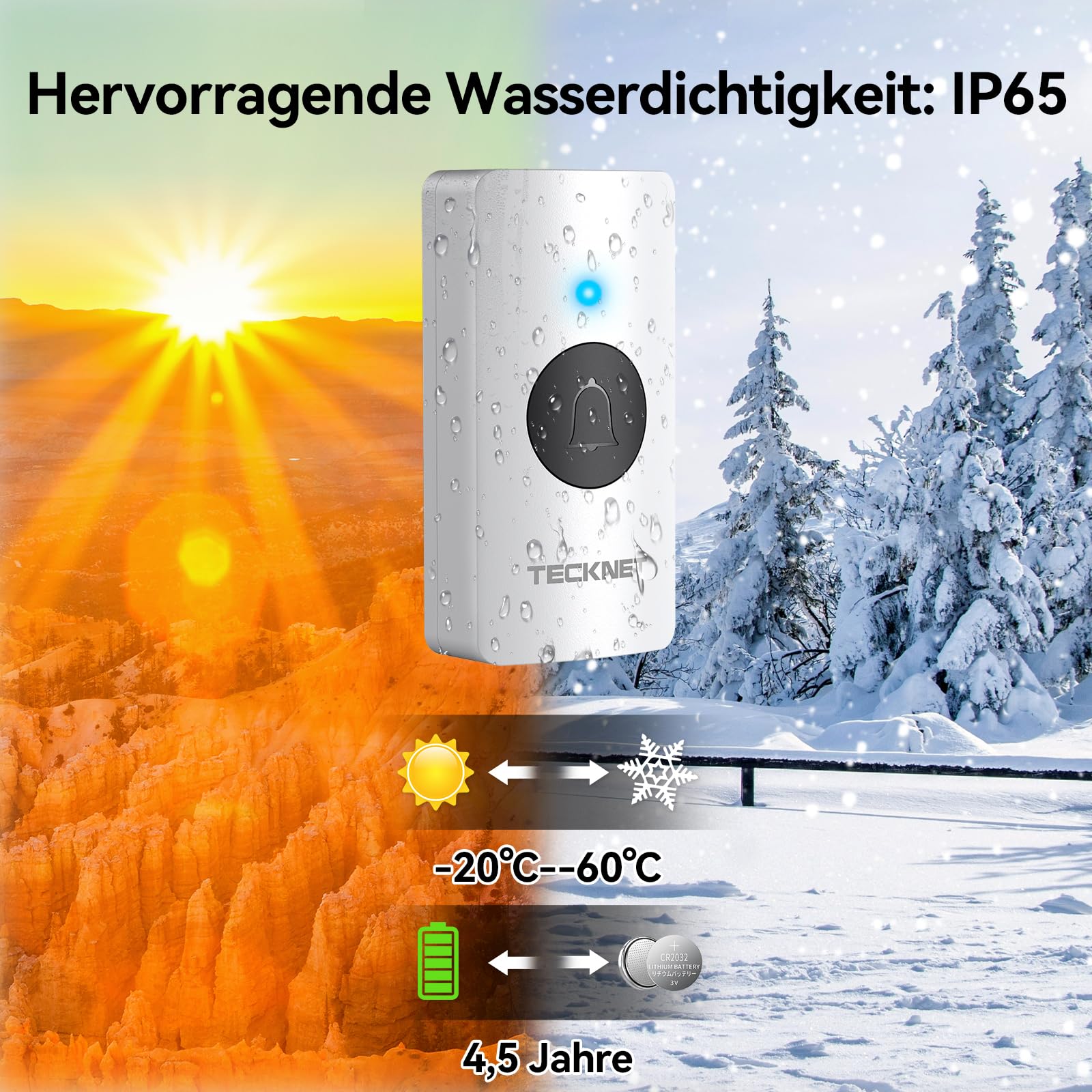 TECKNET Funkklingel, Funkklingel aussen wasserdicht IP65, Funk Klingel Kabellos 400m, Klingel Funk mit 60 Klingeltöne, Türklingel 2 Sender & 1 Empfänger batteriebetrieben, LED-Anzeigeleuchten,Weiß