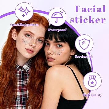 Glittering Freckles Face Tattoos, 6 Pieces Waterproof Holographic Colour-Changing Makeup Glitter Freckles and 6 Removal Wipes