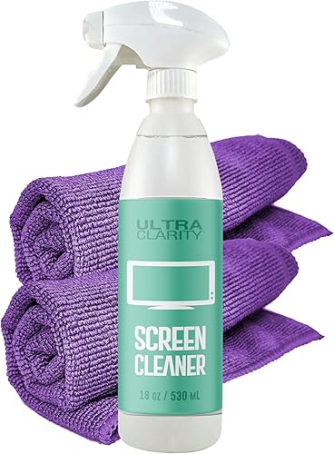 ULTRA CLARITY Spray de limpieza de pantalla de 32 onzas, paquete de 2 y 2 paños de microfibra grandes de alta calidad, TV LCD LED, tableta, pantalla