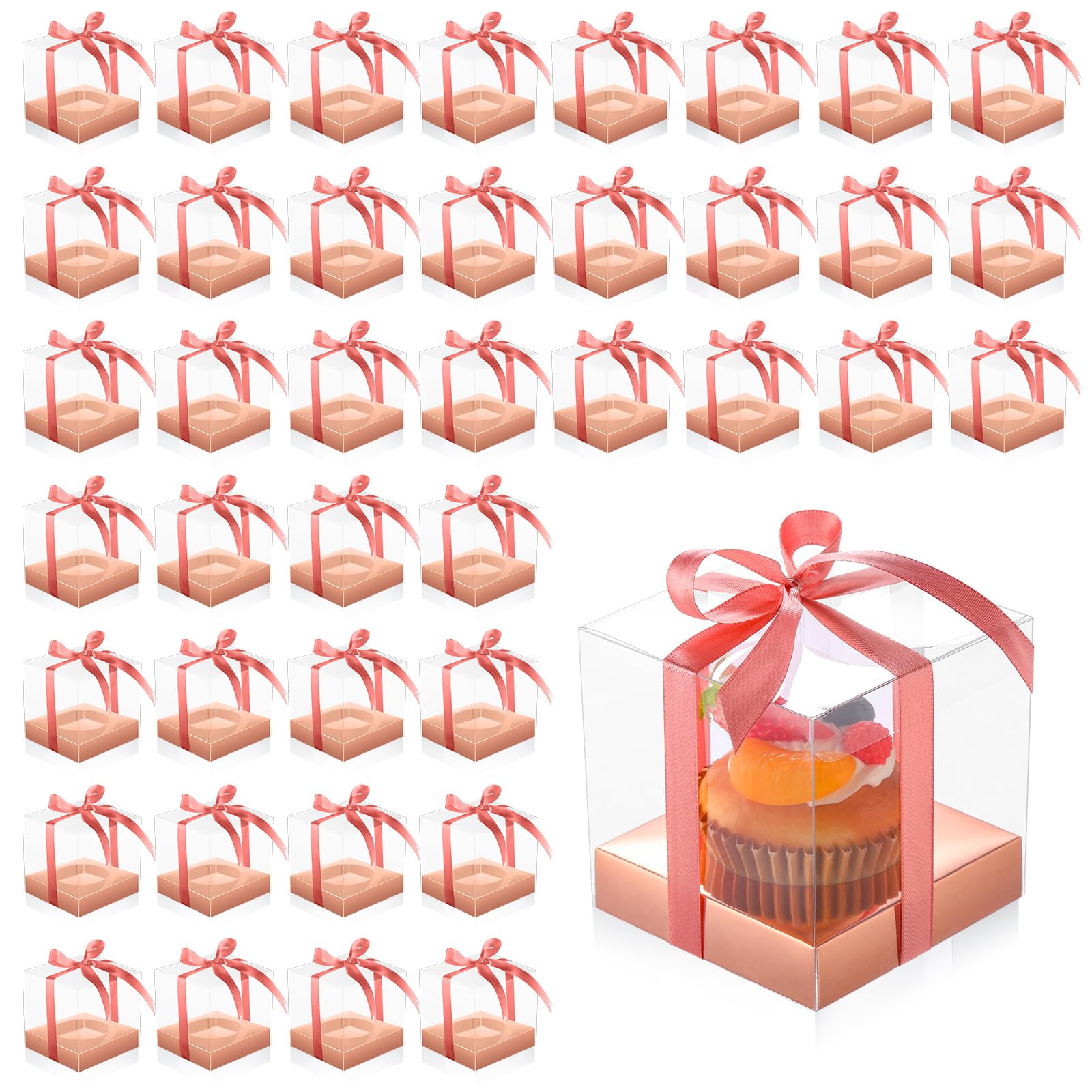Thenshop 50 Pcs Clear Cupcake Boxes Individual 3.5 Inch, Rose Gold
