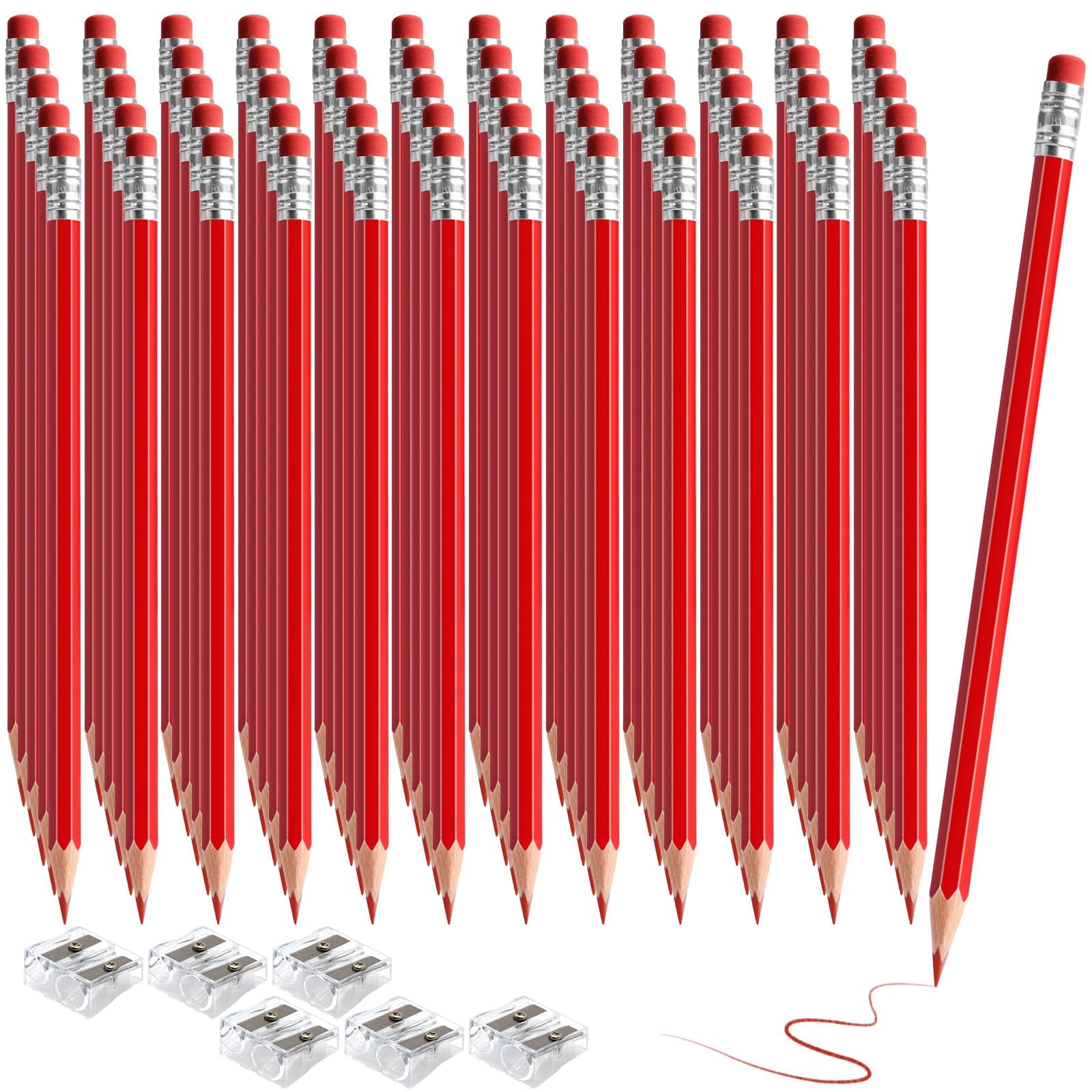 Lot de 120 crayons de couleur effaçables avec gomme pré-taillée 2 HB pour vérification, évaluation, tests et fournitures de bureau/scolaire (rouge)