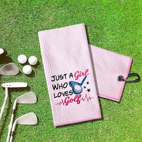 Miniatura 6 de TOUNER Just A Girl Who Loves Golf Toalla bordada para bolsas de golf con clip, divertidos regalos de golfista rosa para tía, novia, hermana,