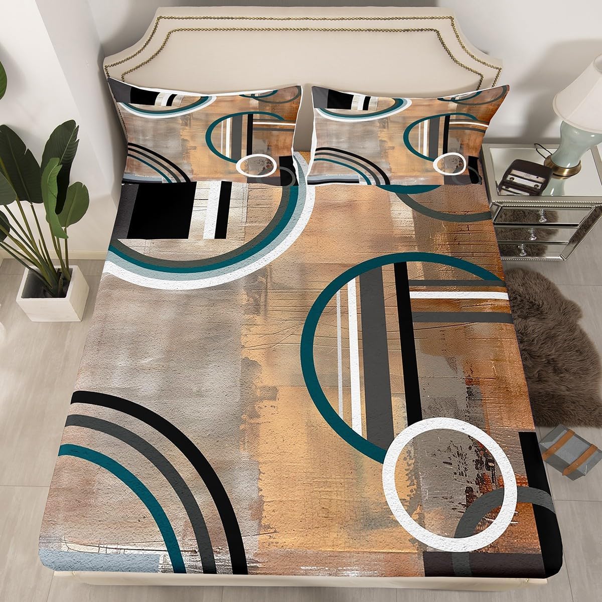 Erosebridal Oil Painting Bed Sheets,Cream Brown Gray Fitted Sheet Full Size,Swirls Bedding Set,Modern Chic Abstract Artwork Sheets 3Pcs with 2 Pillow Cases Deep Pocket