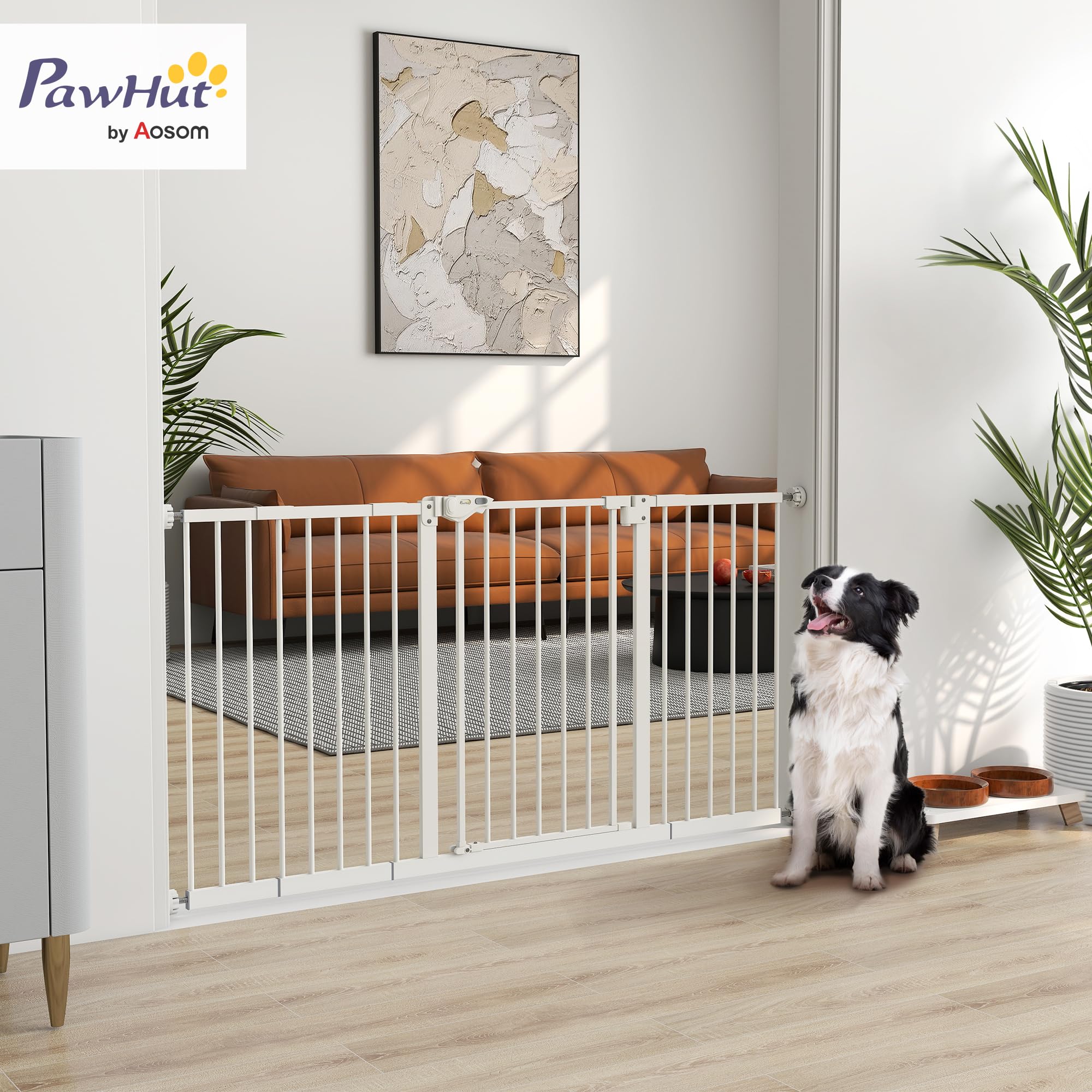 PawHut Barrera de Seguridad para Puertas y Escaleras Barrera para Perros con Cierre Automático y Sistema de Doble Bloqueo Metal 3 Extensiones 17,5/20,3/30,5 cm, 74-147,5x76,2 cm Blanco
