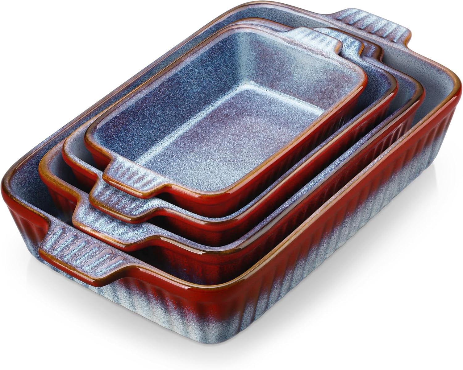 vancasso Ceramic Casserole Dishes for Oven, 4-Piece Bakeware Set, Rectangular Lasagna Pans with Handles, Deep Baking Dish for Cake, Kitchen, Microwave & Dishwasher Safe, Reactive Glaze Gradient Red & Blue(14.7"/12.2"/11.1"/9.4")