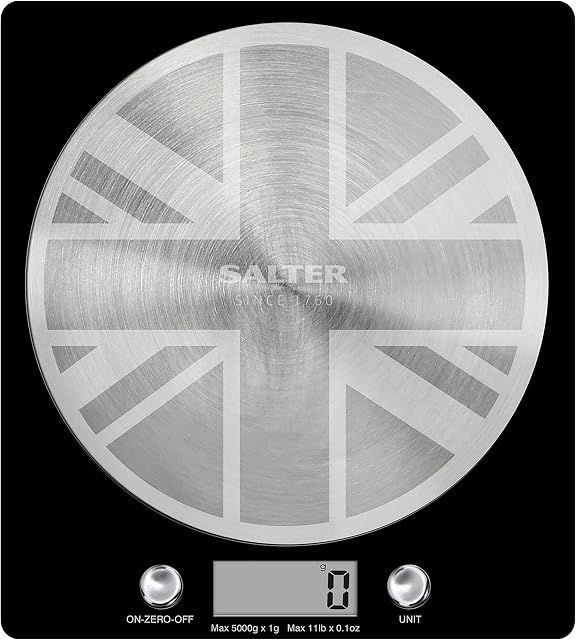 Salter 1036 UJBKDREU16 Disc Electronic Scale, Seen on TV, Stylish Slim Design, Kitchen Cooking, Stainless Steel Platform, Add , Weigh, Measures Liquids/Fluids, 5 Kg Max Capacity, Union Jack Design