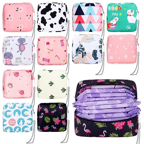 Paterr 12 Pcs Sanitary Napkin Storage Bag Set Portable Period Pouch with Lanyard for Menstrual Pad Bags Back to School First Period Gift for Teen Girls(Chic Style)