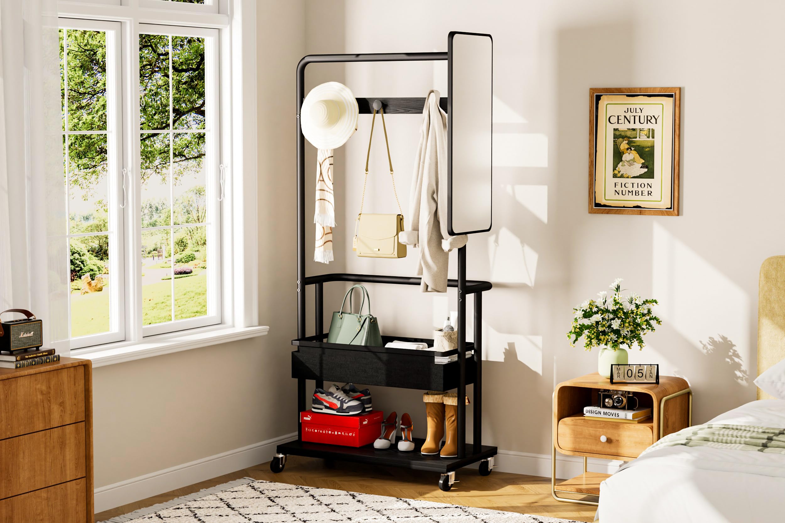 Robuster Kleiderständer aus Metall mit Rollen, 3-in-1-Design mit Korb und Spiegel, Kleiderbügel, mobiler Kleiderständer mit Rollen, geräumiger Garderobenständer, Schwarz, 70 * 40 * 170cm