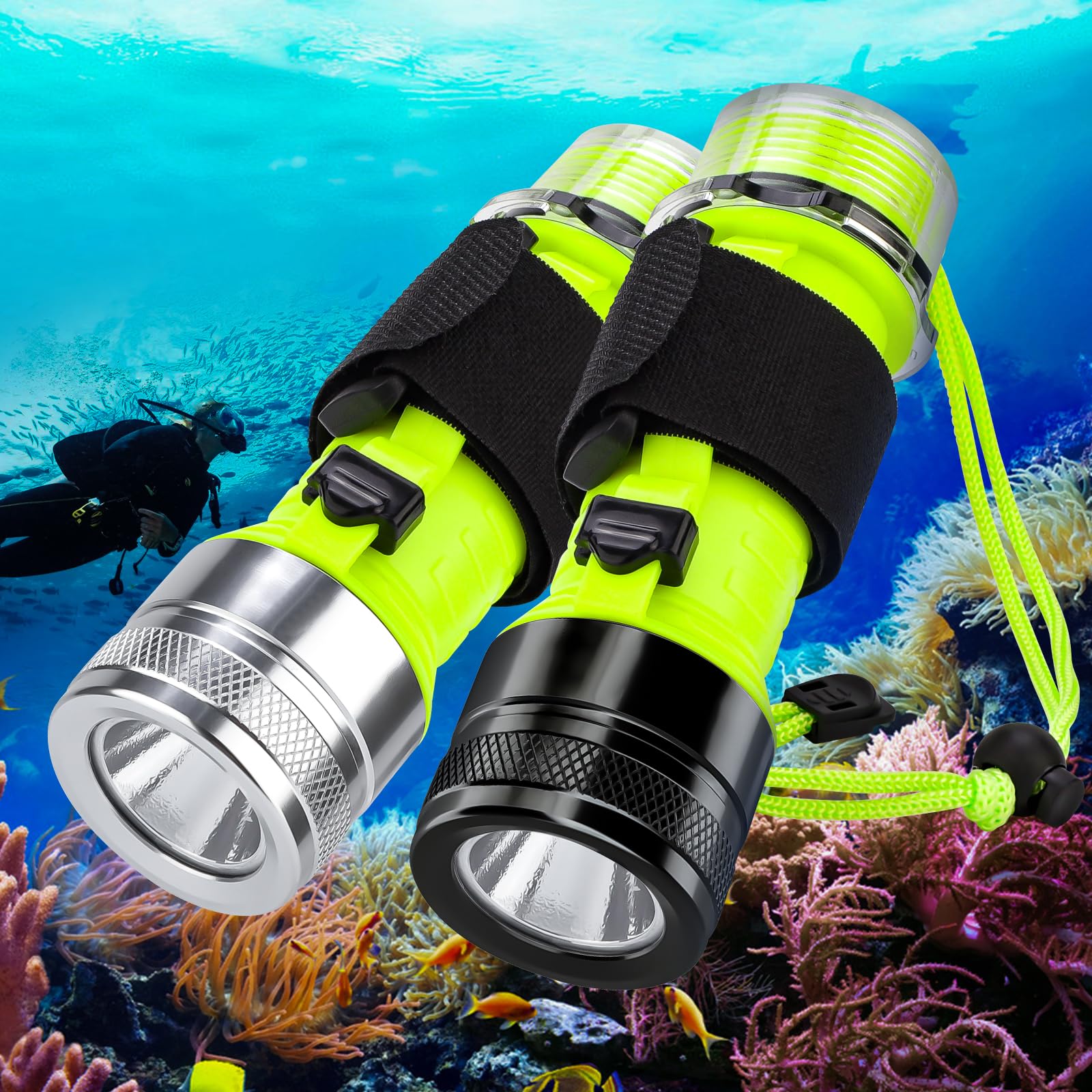 Kriogor 2 Pack Scuba Diving Torch, 1500 Lumens DiveTorch IPX8 Waterproof 80M Underwater Torch Diving Rechargeable for Snorkeling Outdoor (Silver+Black)