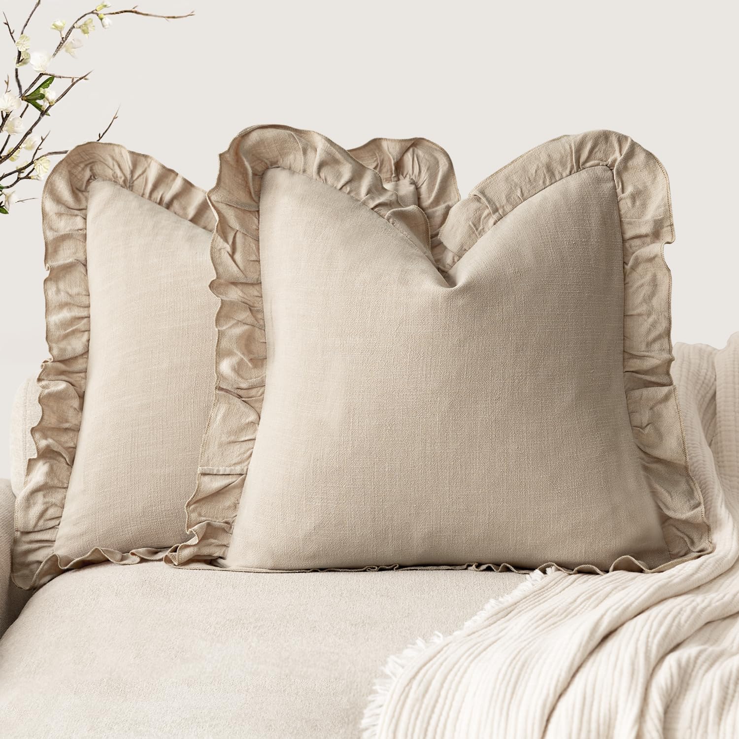 Foindtower Set of 2 Decorative Soild Fringe Ruffle Throw Pillow Covers Soft Boho Farmhouse Cushion Cover Cozy Accent Retro Pillowcase for Couch Sofa Bed Living Room Home Decor,20×20 Inch,Light Tan — image 1