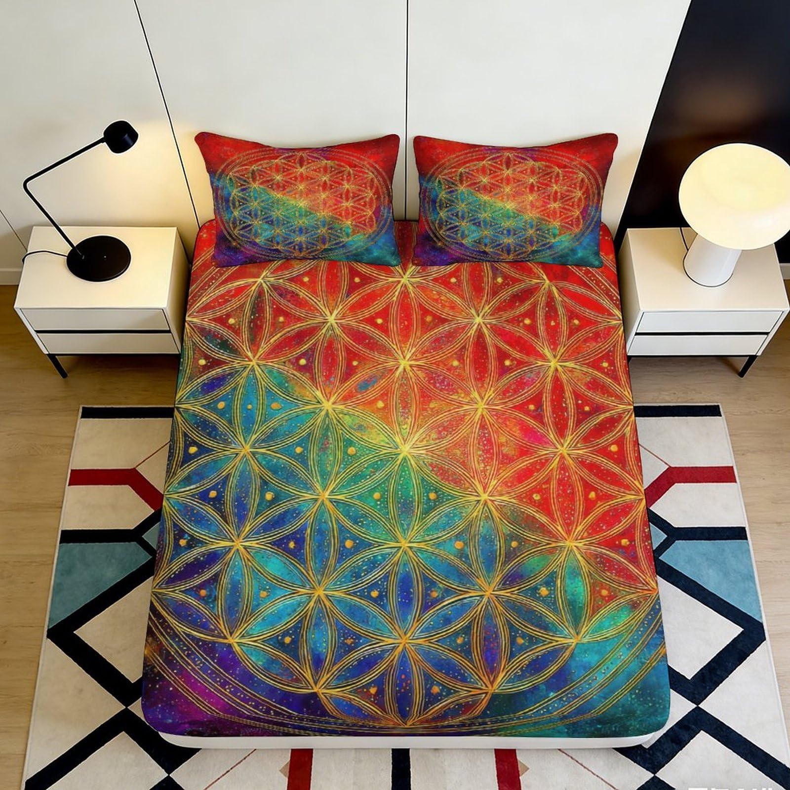 3D Printed Geometric Mandala Fitted Sheet Microfiber Soft Gradient Rainbow Mattress Cover for Bedroom Guest Room Easy Care 90x200x25cm
