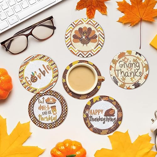 Miniatura 7 de 8 piezas de posavasos de pintura de diamantes para el día de Acción de Gracias, con soporte, posavasos antideslizantes para adultos, kits de pintura