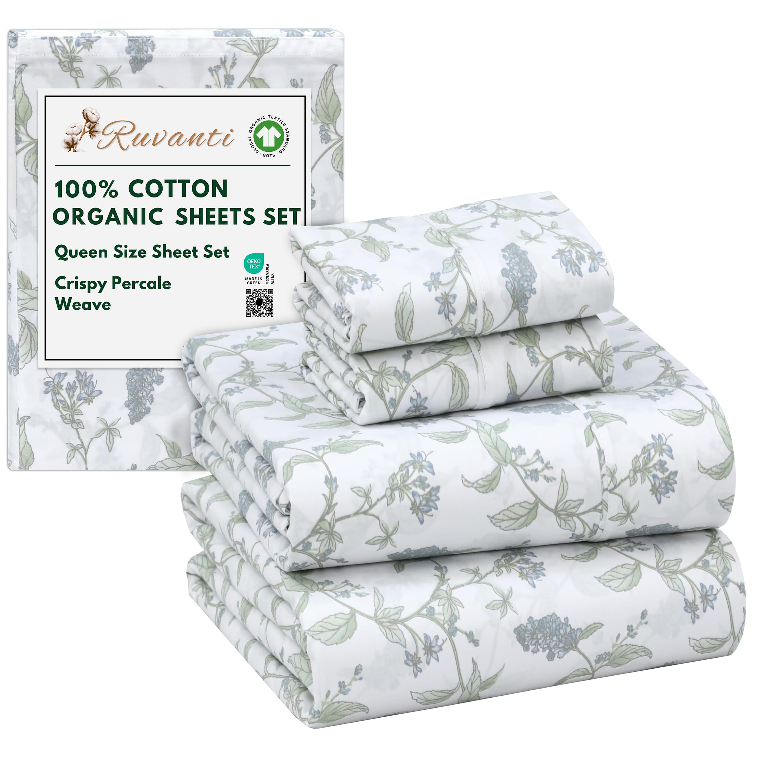 RUVANTI 100% Organic Cotton Sheets Queen Size, Percale Weave, GOTS Certified, 4-Piece Set, Deep Pocket 15", Crisp & Breathable, Soft Durable Bedding, Sábanas Algodón Orgánico – Vine Yard — image 1