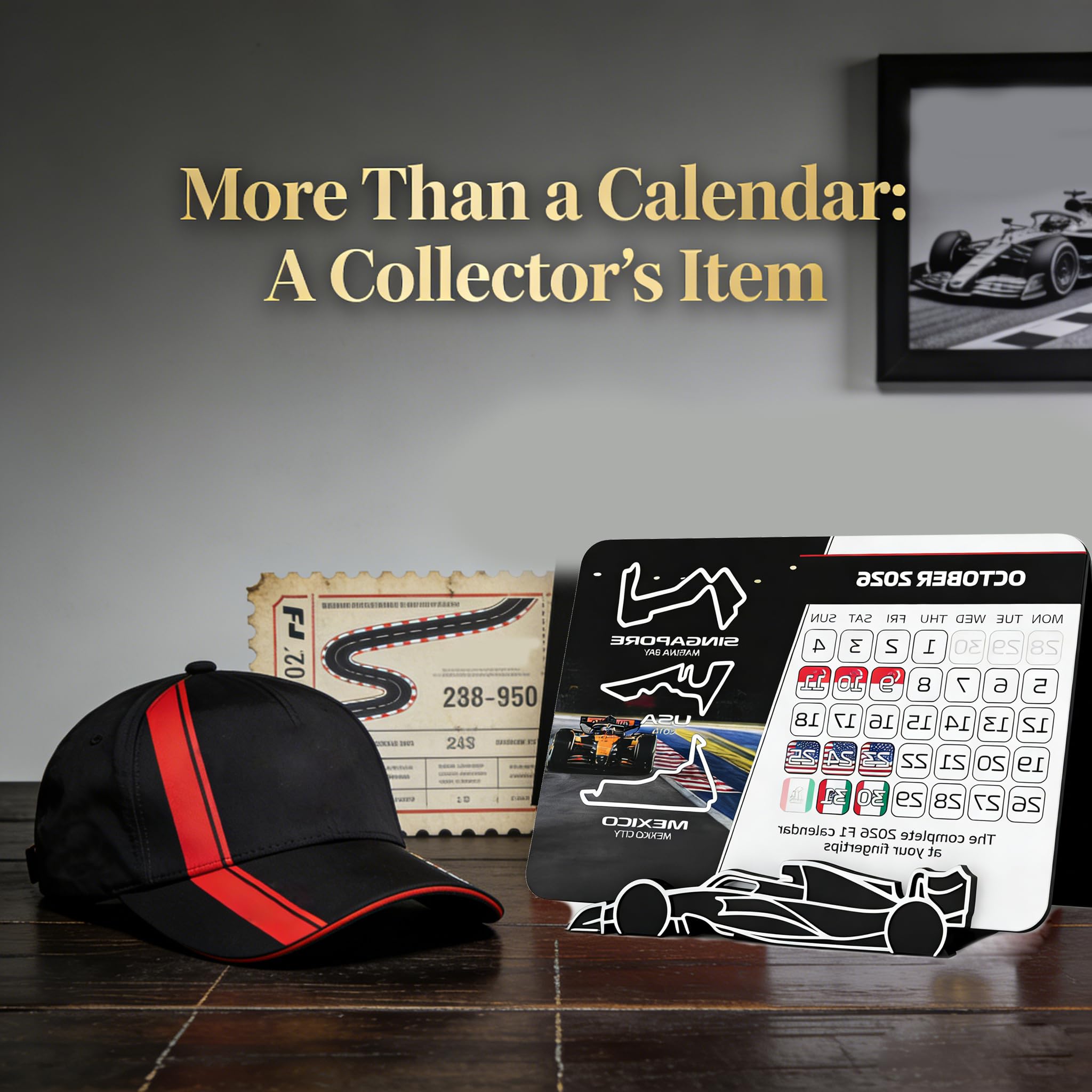 Calendrier de course F1 2026 - 18 x 14 cm - Grand calendrier de course pour le bureau avec calendrier complet - Calendrier de course 2026 avec support - Planificateur de course pour les fans de sport