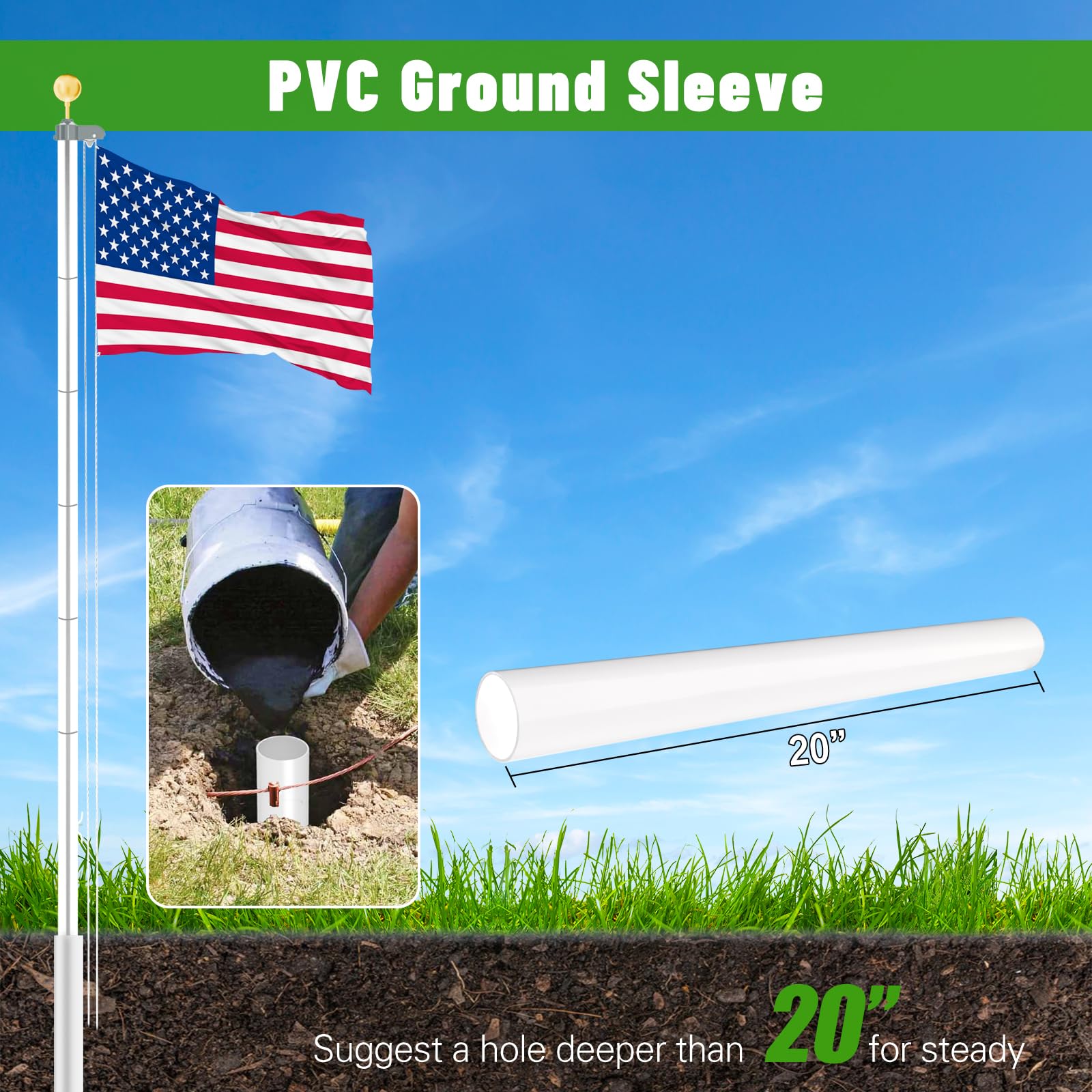 NELXINJO Mástil de bandera resistente de 25 pies, calibre 12, kit de mástil de bandera de aluminio extragrueso para exterior de casa, color blanco