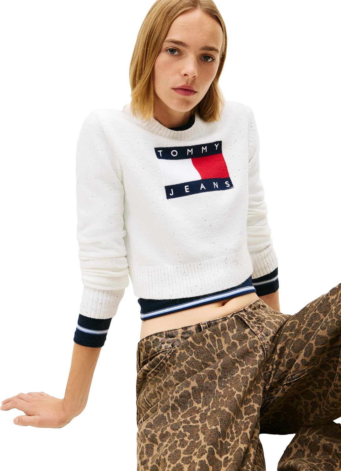 Tommy Jeans womens Long Sleeve Pullover Crewneck Sweater With Big Flag Logo and Sparkle Detail - Image 2