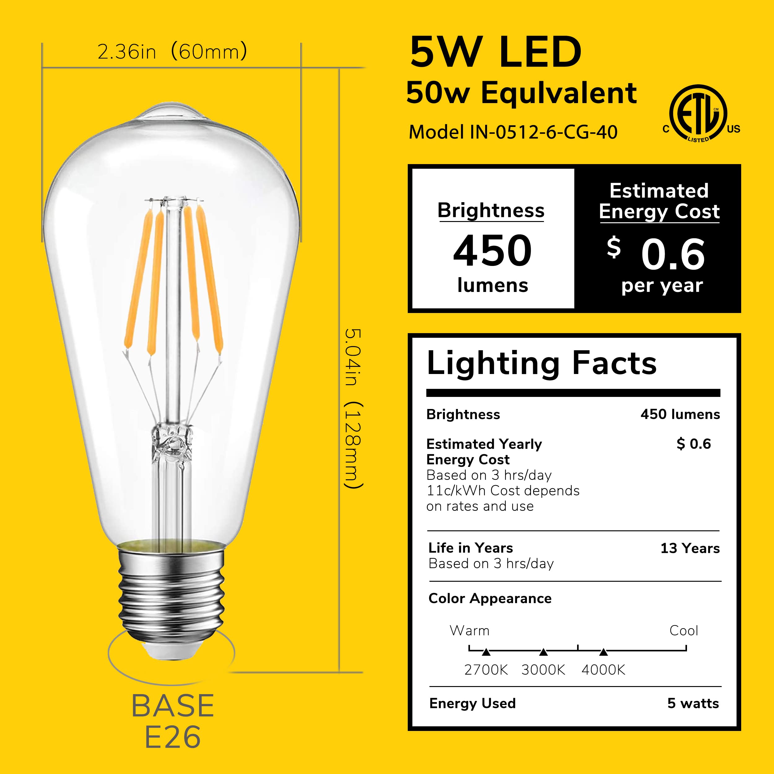 Inlight ST19 Dimmable 5W LED Light Bulb, E26 Base, Bright White