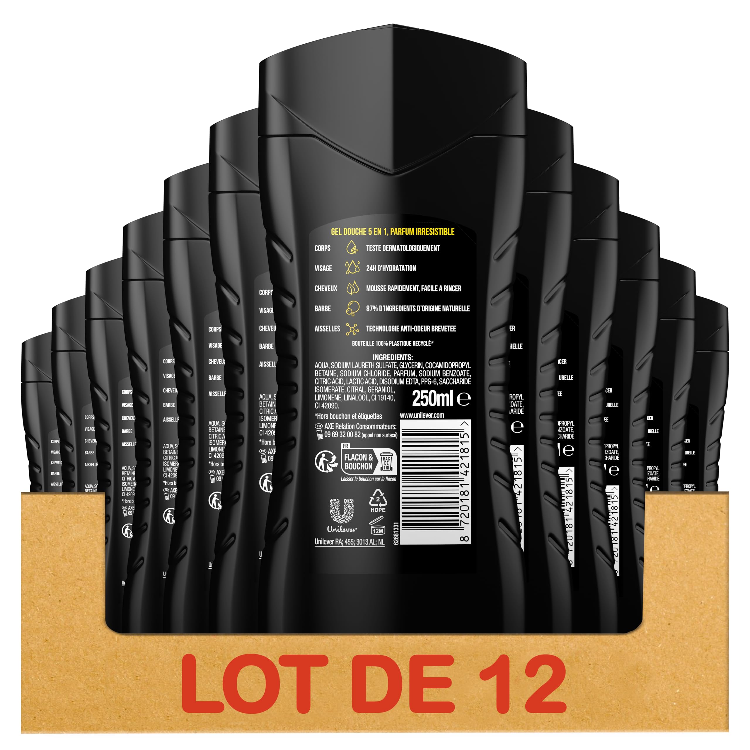 AXE - Duschgel für Herren, 5-in-1, Wild – 24 Stunden feuchtigkeitsspendend – 87% Inhaltsstoffe natürlichen Ursprungs – Duft Mojito & Zedernholz (12 x 250 ml)