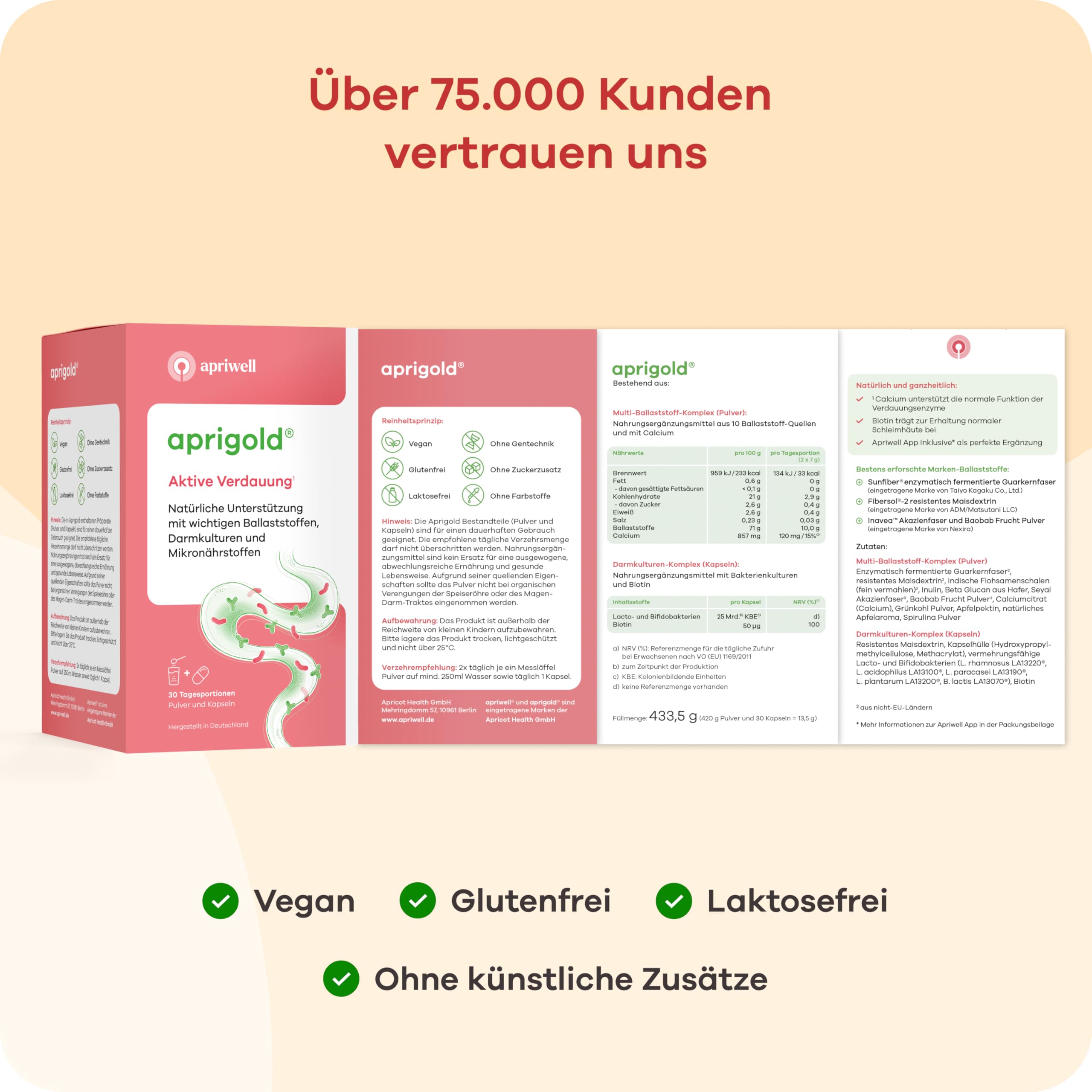 Aprigold aktive Verdauung 30 Portionen – Schwung, Regelmäßigkeit & Geschmeidigkeit für Verdauung und Stuhlgang – Mit Ballaststoffen & Darmbakterien – 420g Pulver & 30 Kapseln