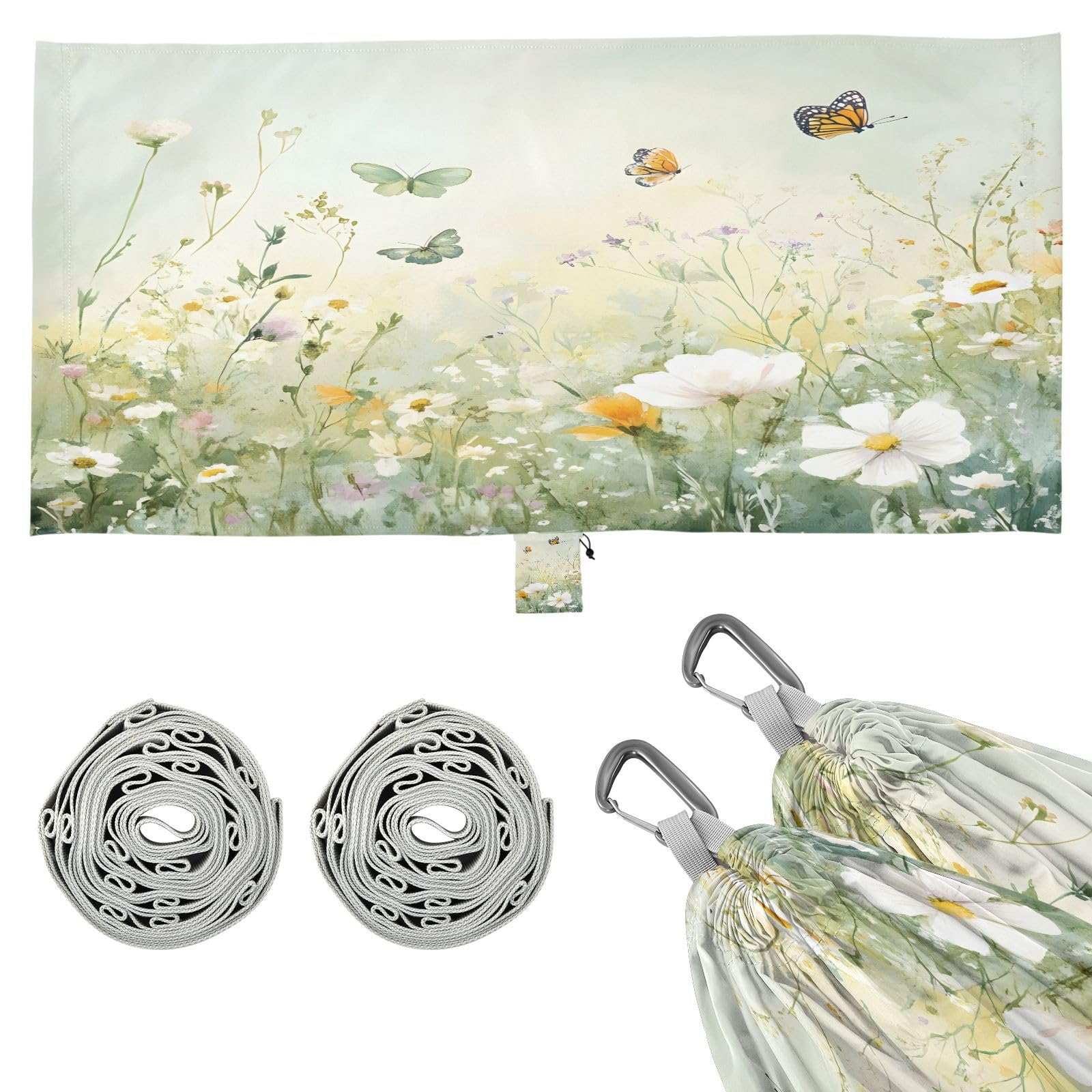 ATTX Green Wildflowers and Butterflies Camping Hammock - Lightweight & Portable Hammocks, Heavy Duty 330lbs Capacity for Indoor, Hiking, Backpacking, Travel, Backyard, Beach#75