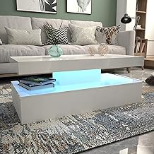 AINPECCA LED White High Gloss Coffee Table for Living Room Modern Rectangular Side End Table with 16 Colours RGB LED Light for Home Office Furniture