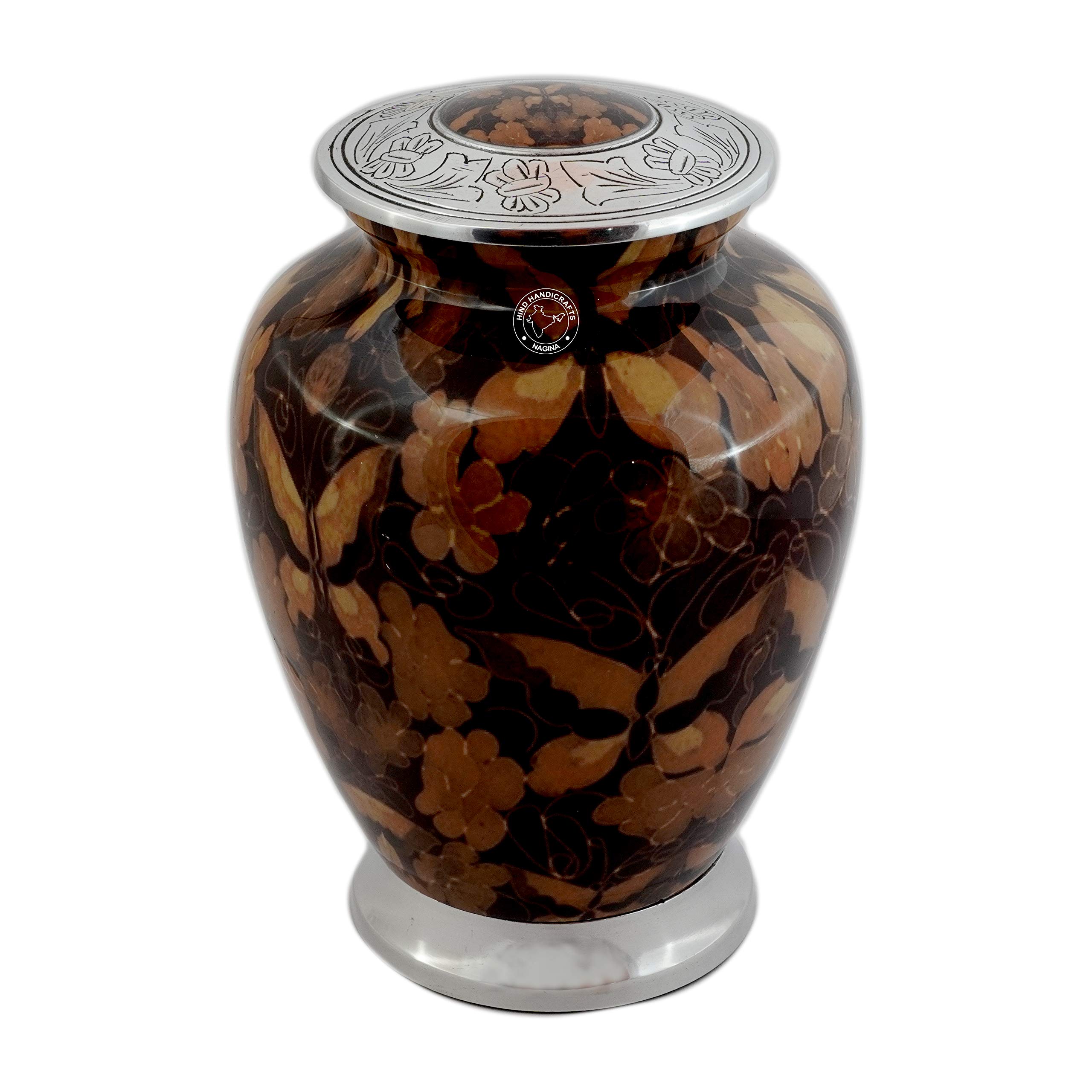Urne funéraire artisanale en métal argenté motif floral pour adulte