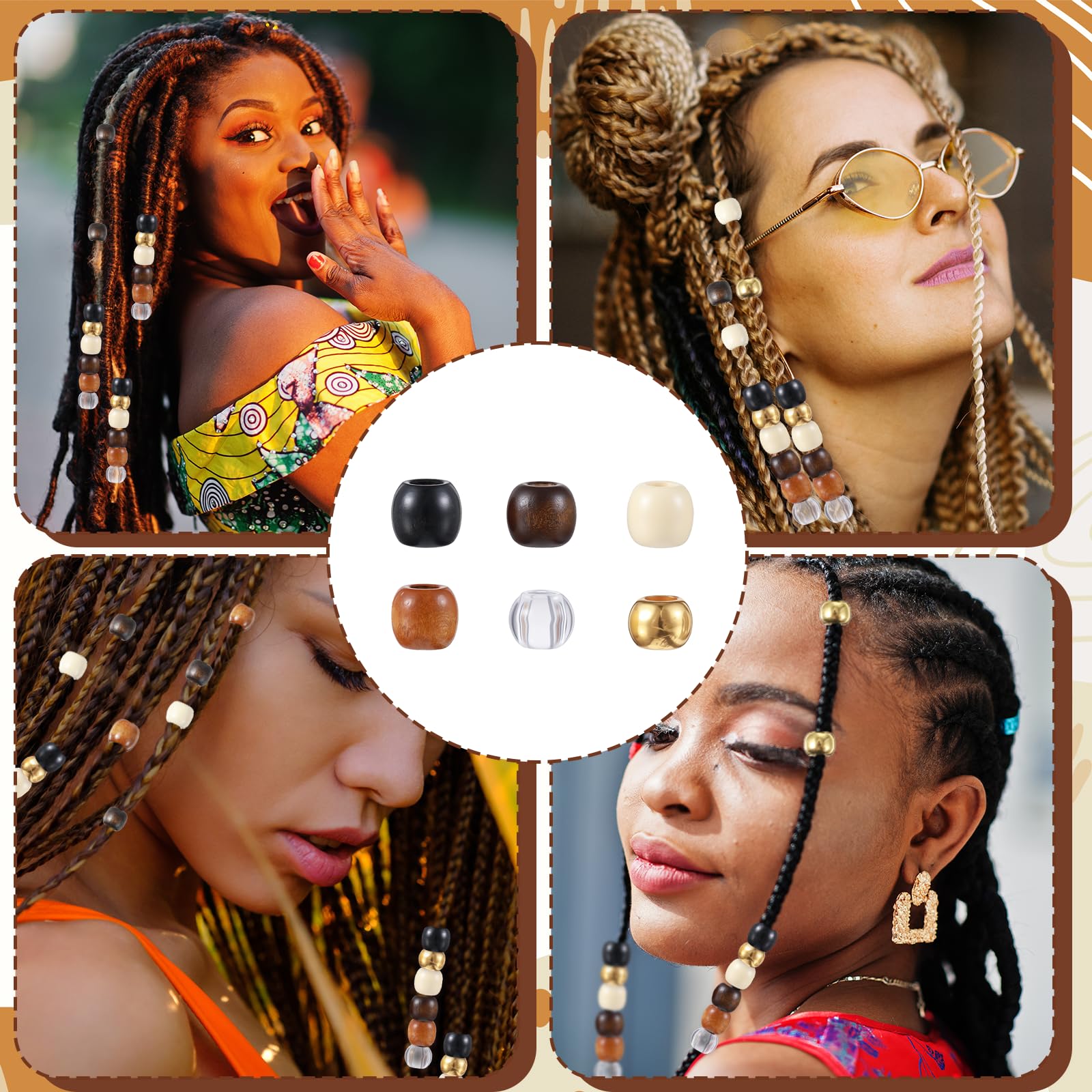 Haarperlen aus Holz für Zöpfe, 6 Farben, Haarschmuck, Zöpfe, Dreadlock-Zubehör, niedliches Zopf-Dekoration, Schmuckherstellungs-Set, Zopf-Clips für Damen und Herren, Bastelarbeiten, 60 Stück