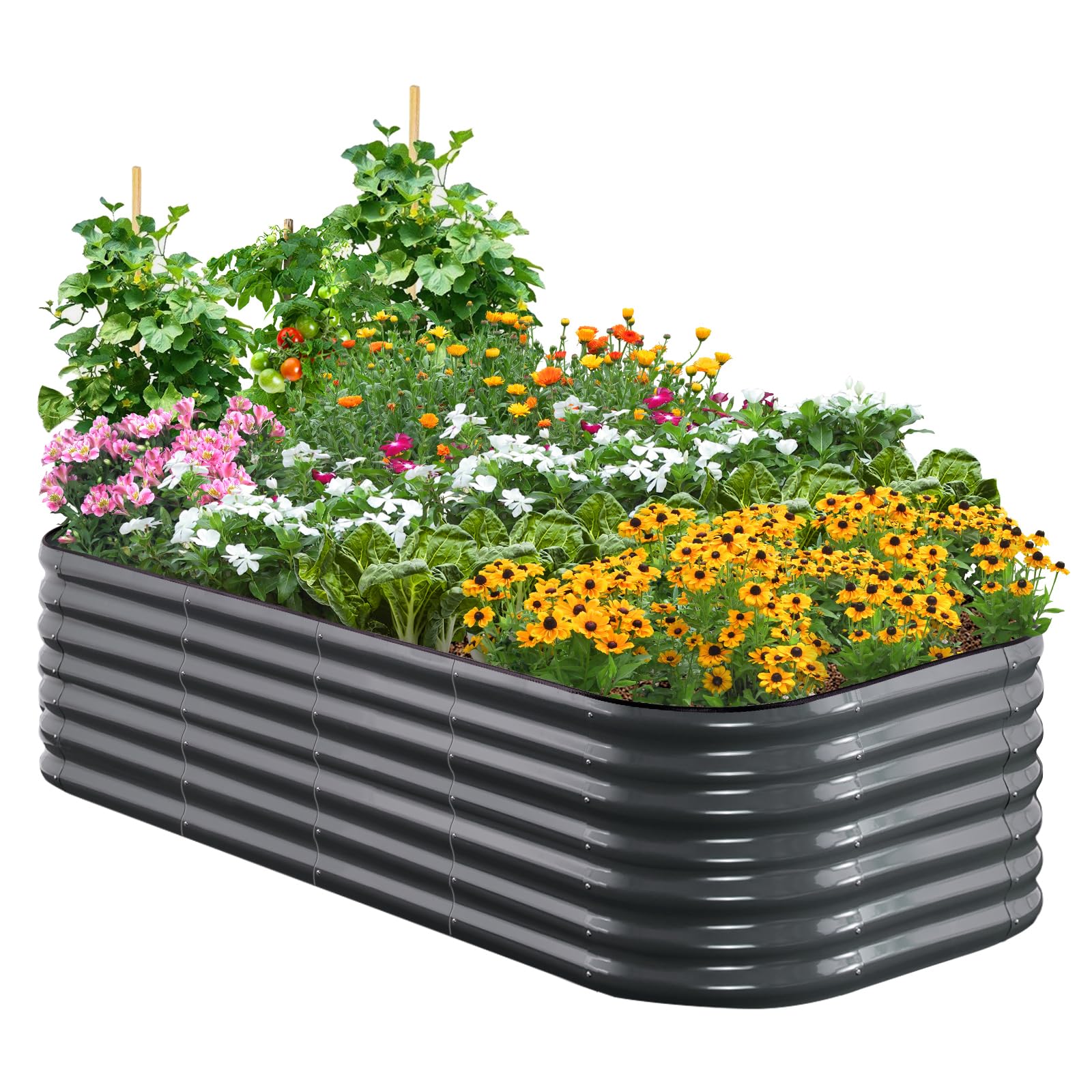 Quictent Galvanized Raised Garden Bed Kit, 6x3x2 ft Oval Metal Planter Box Tall for Vegetables Outdoor Backyard, Rubber Strip Edging Included, Dark Gray
