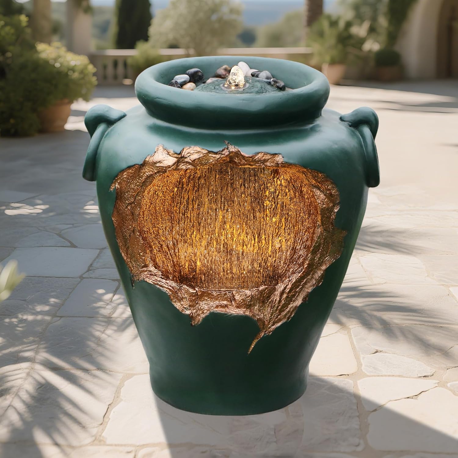 Jar Water Fountain with Gold Interior Cascading Zen Water Feature with LED Lights Green Urn Indoor/Outdoor Décor for Garden, Patio, Backyard, Decking, Living Space in 19" Height