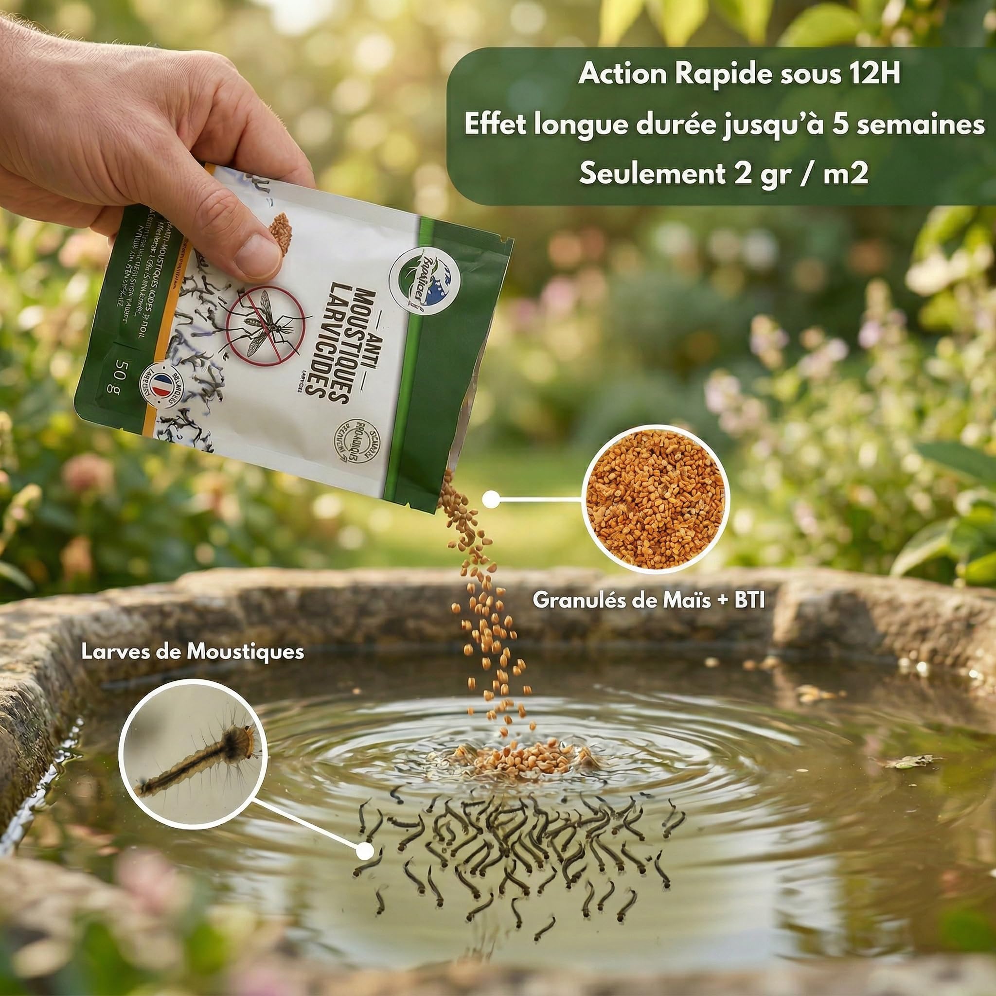 TERRA NOSTRA - Anti Moustiques Larvicides - Formulé avec du BTI - Compatible Fosse Septique - Traitement Eaux Stagnantes jusqu'à 25m² - Fabriqué en France - Pot 500g