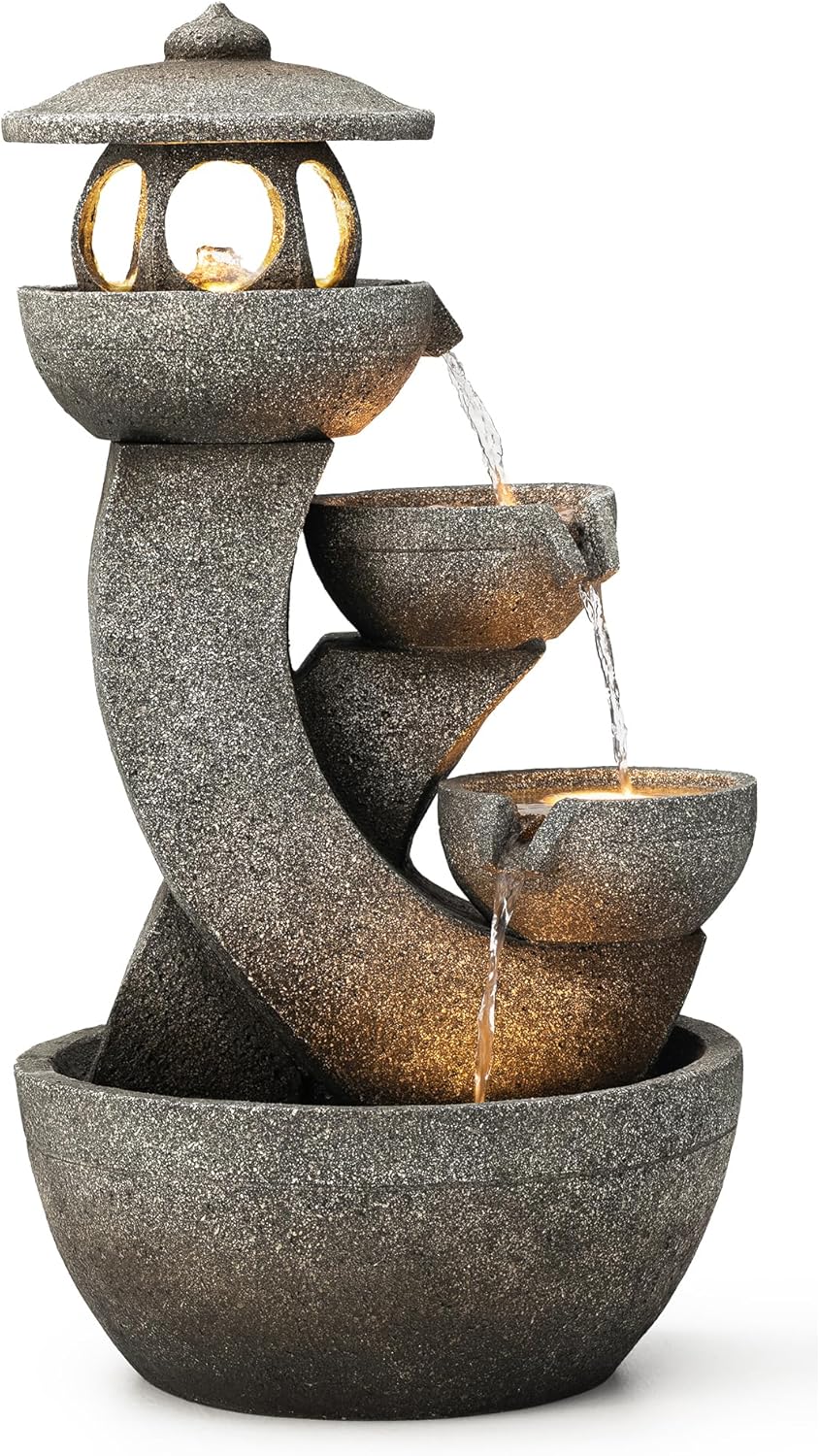 Glitzhome 4-Tiered Pagoda Polyresin Outdoor Fountain with Pump and LED Light, 32" H