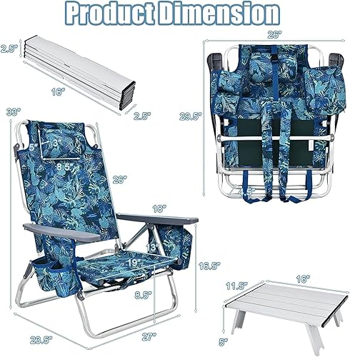 Miniatura 3 de COSTWAY Juego de sillas de playa tipo mochila, 3 piezas, sillas de camping portátiles con soporte para tazas, bolsa de hielo, sillas reclinables al