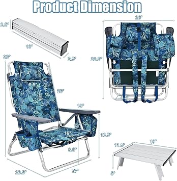 COSTWAY Backpack Beach Chairs Set, 3-Piece Portable Camping Chairs with Cup Holder, Ice Bag, 5-Position Outdoor Reclining Chairs for Adults, Travel, Sunbathing, Support 300 LBS, Navy