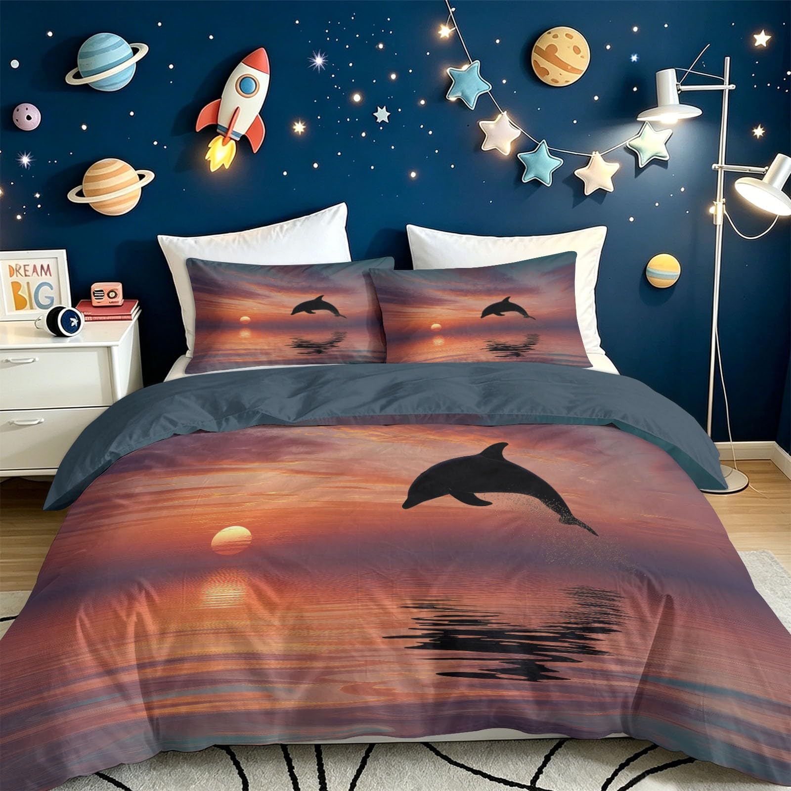 Biancheria da letto con delfini, tramonto e crepuscolo, in morbida microfibra, 155 x 220 cm, con 2 federe da 50 x 70 cm, per bambini, ragazze e ragazzi