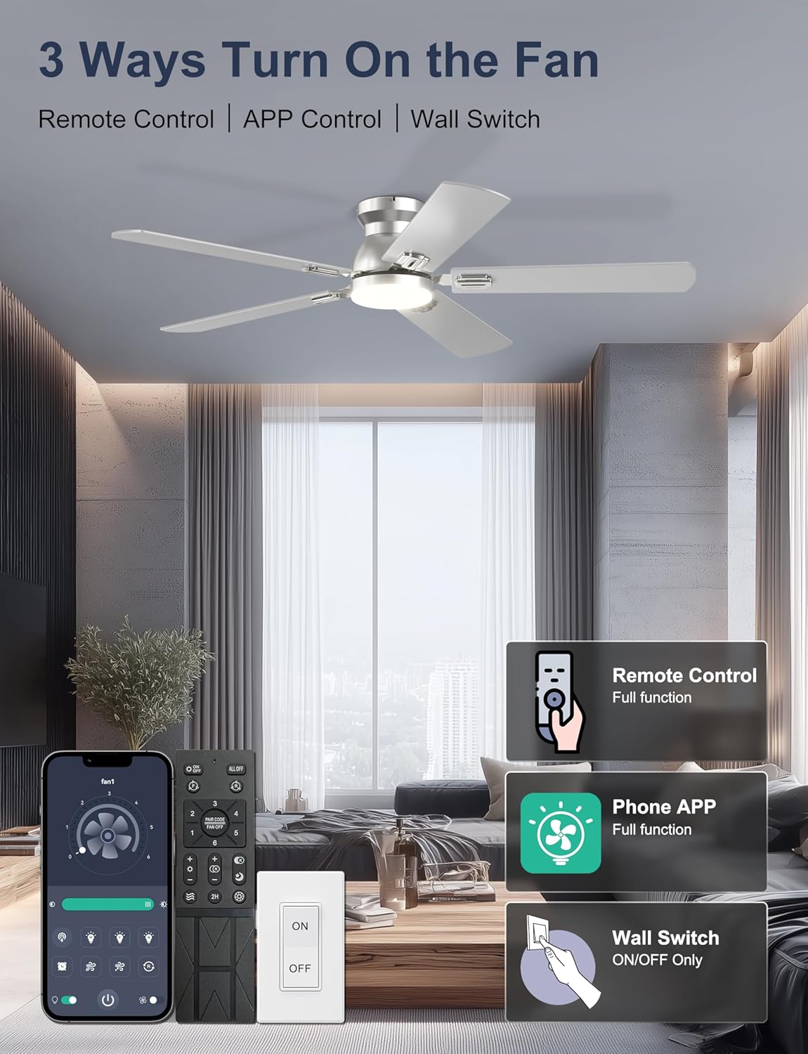 52'' Flush Mount Ceiling Fan with Lights, Silver Low Profile Ceiling Fan for Low Ceilings, Quiet Modern Ceiling Fan for Living Room Bedroom, App & Remote Control