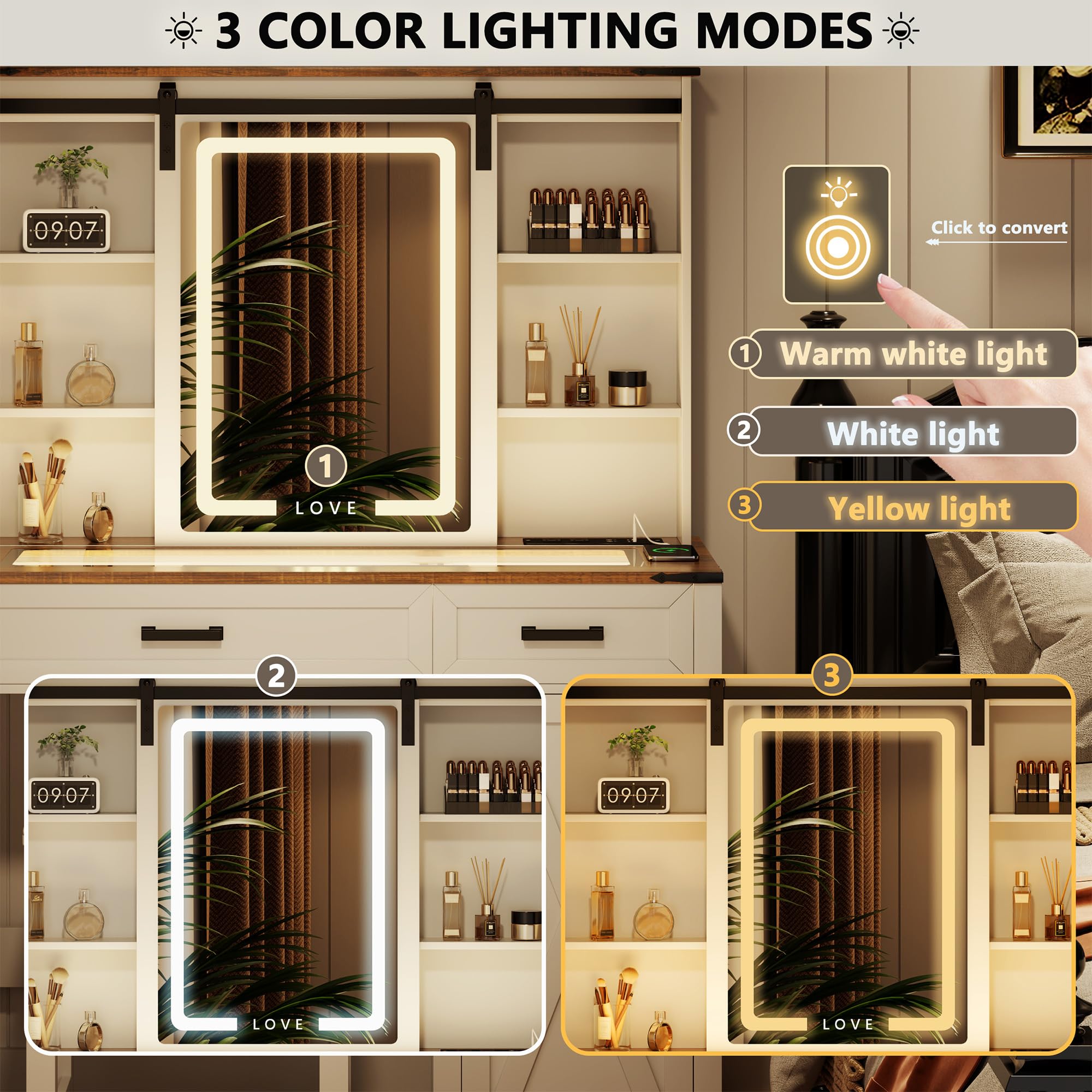 TAGELIER Farmhouse 3 in 1 Vanity Desk Mirror with Lights with Charging Station,Glass Top Vanity Table with Drawers&Shelves,Rustic Big Makeup Desk for Bedroom/Cloakroom,Stool Included,White